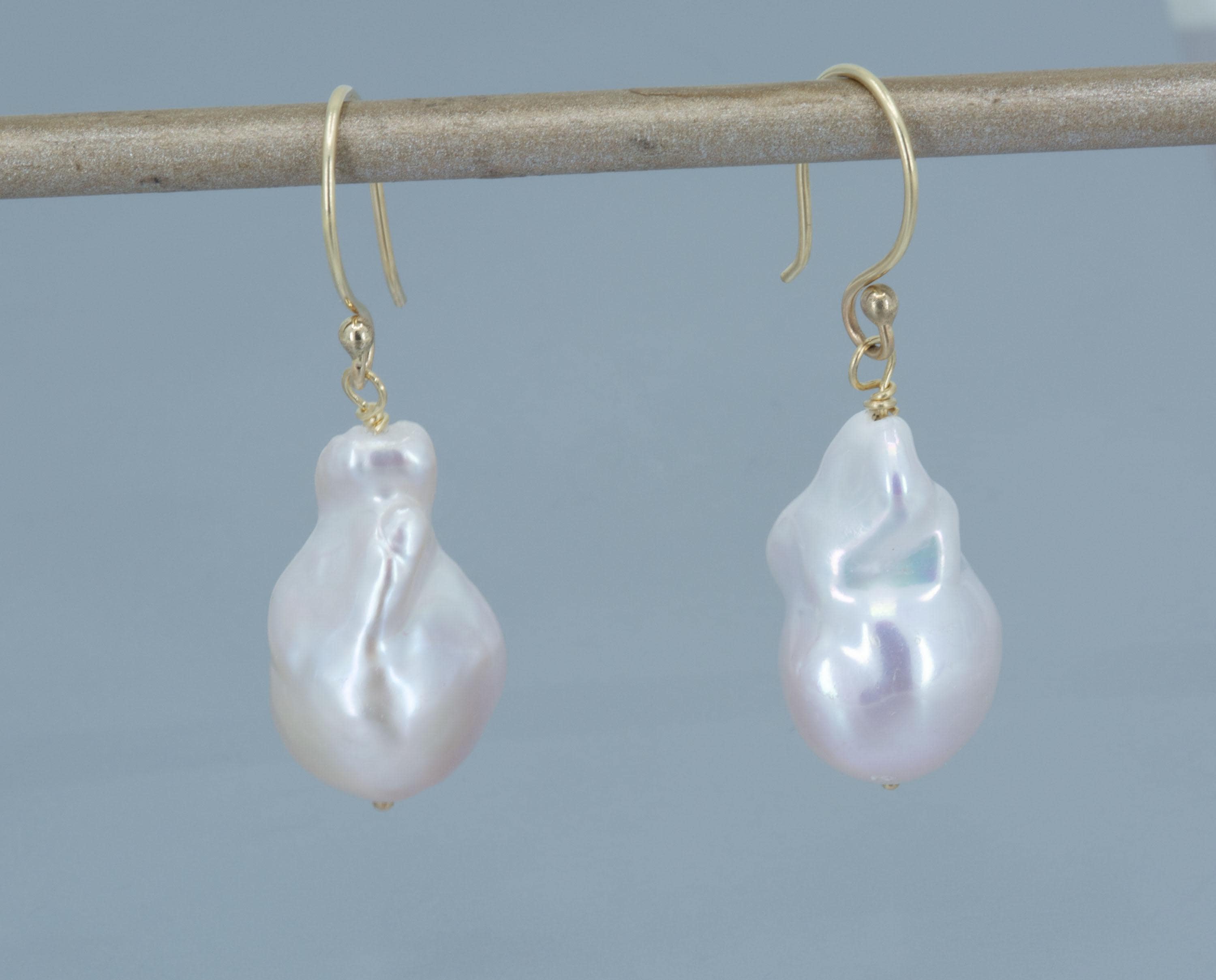 14K Gold Baroque Pearl Dangle Earrings: Large White Pearl, June