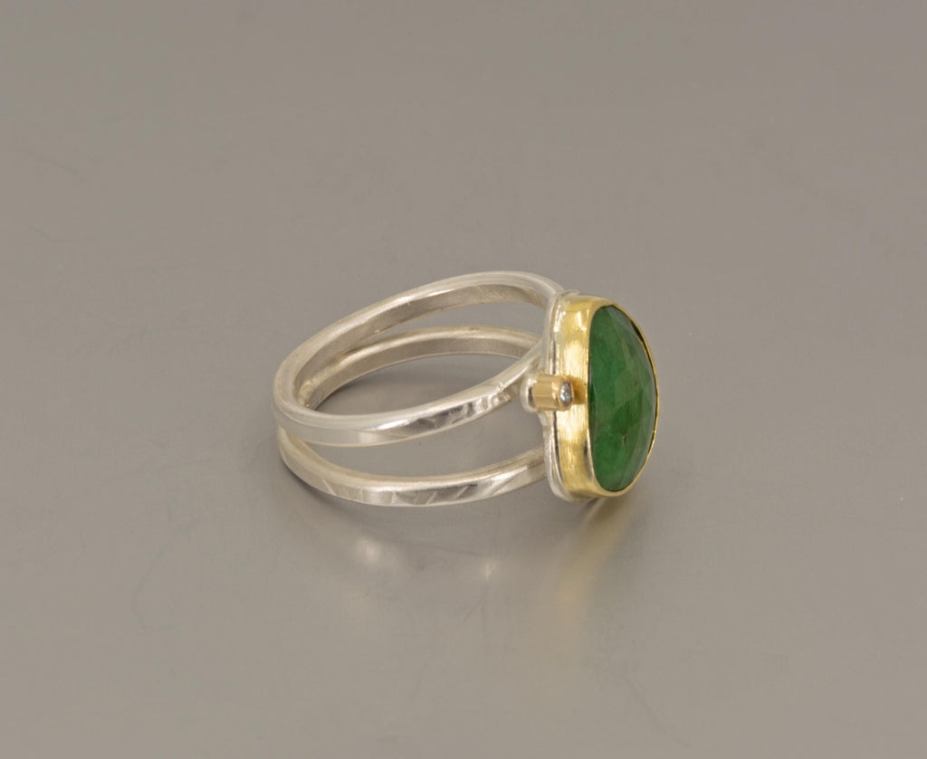 Rose Cut Emerald and Diamond Ring: Green Gemstone, Gold & Sterling Silver, US Size 7.75