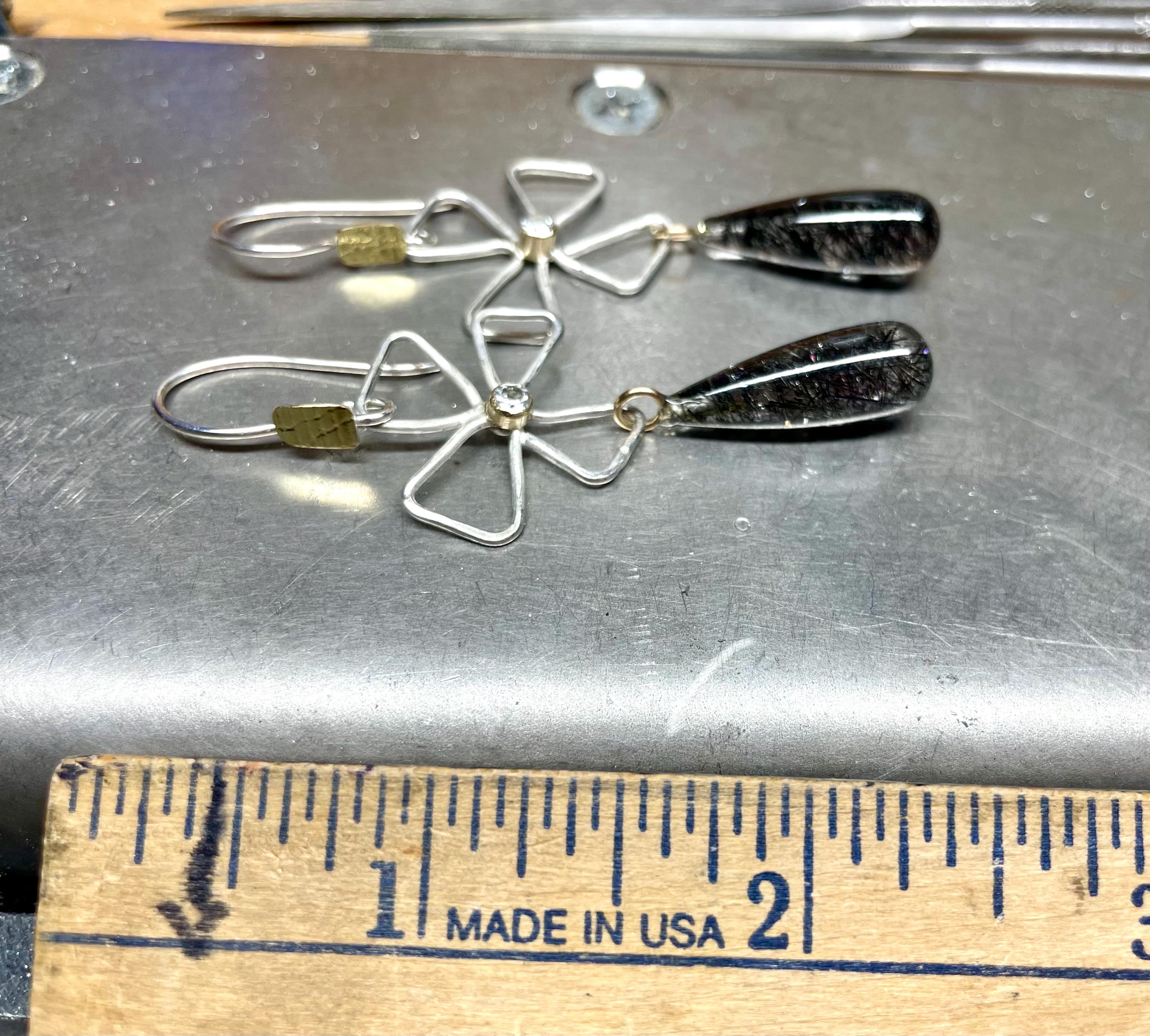 Flower and Gemstone Earrings in Sterling Silver and Gold, OOAK