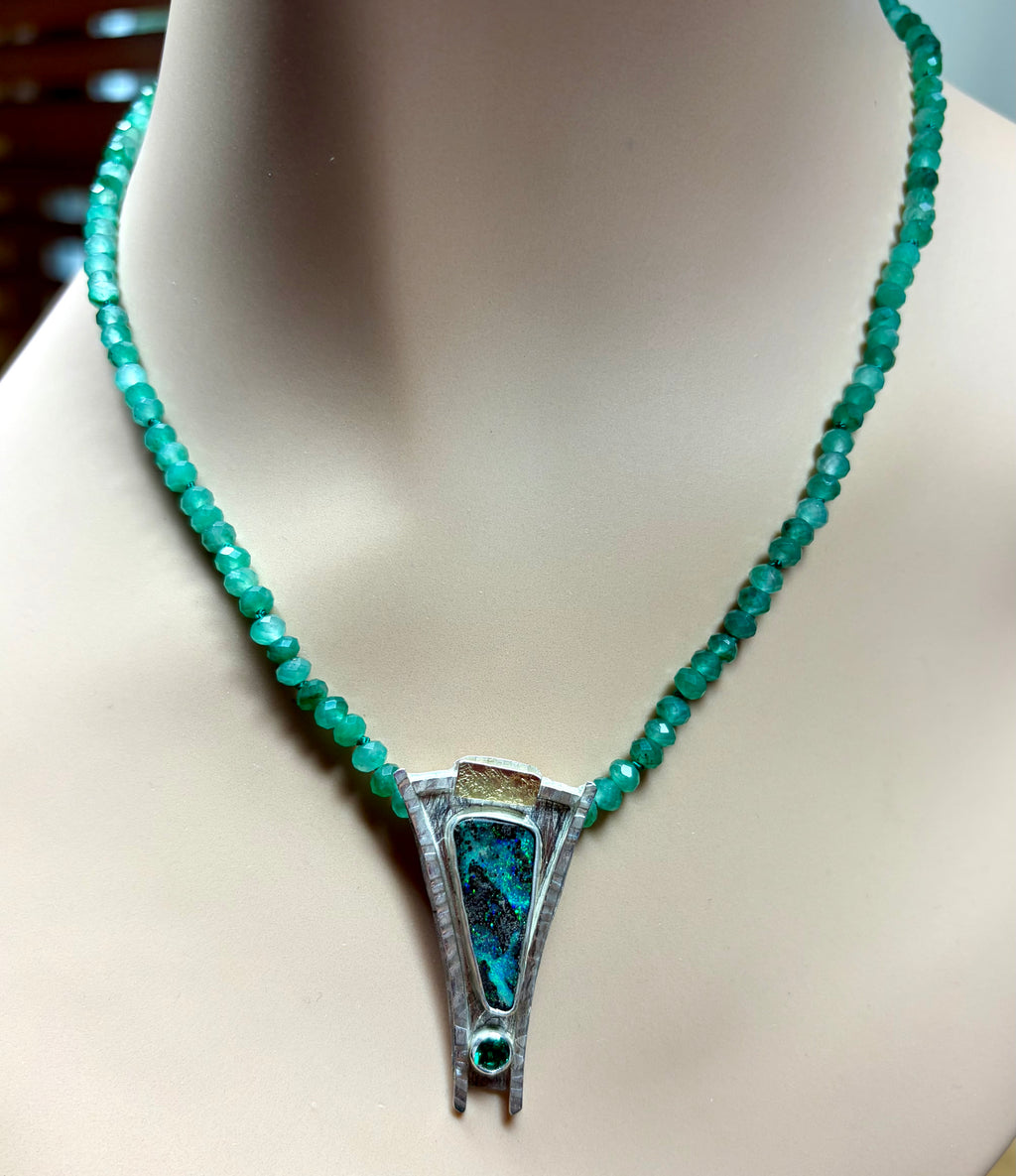 Australian Boulder Opal Necklace – Sterling Silver, 18K Gold & Emerald