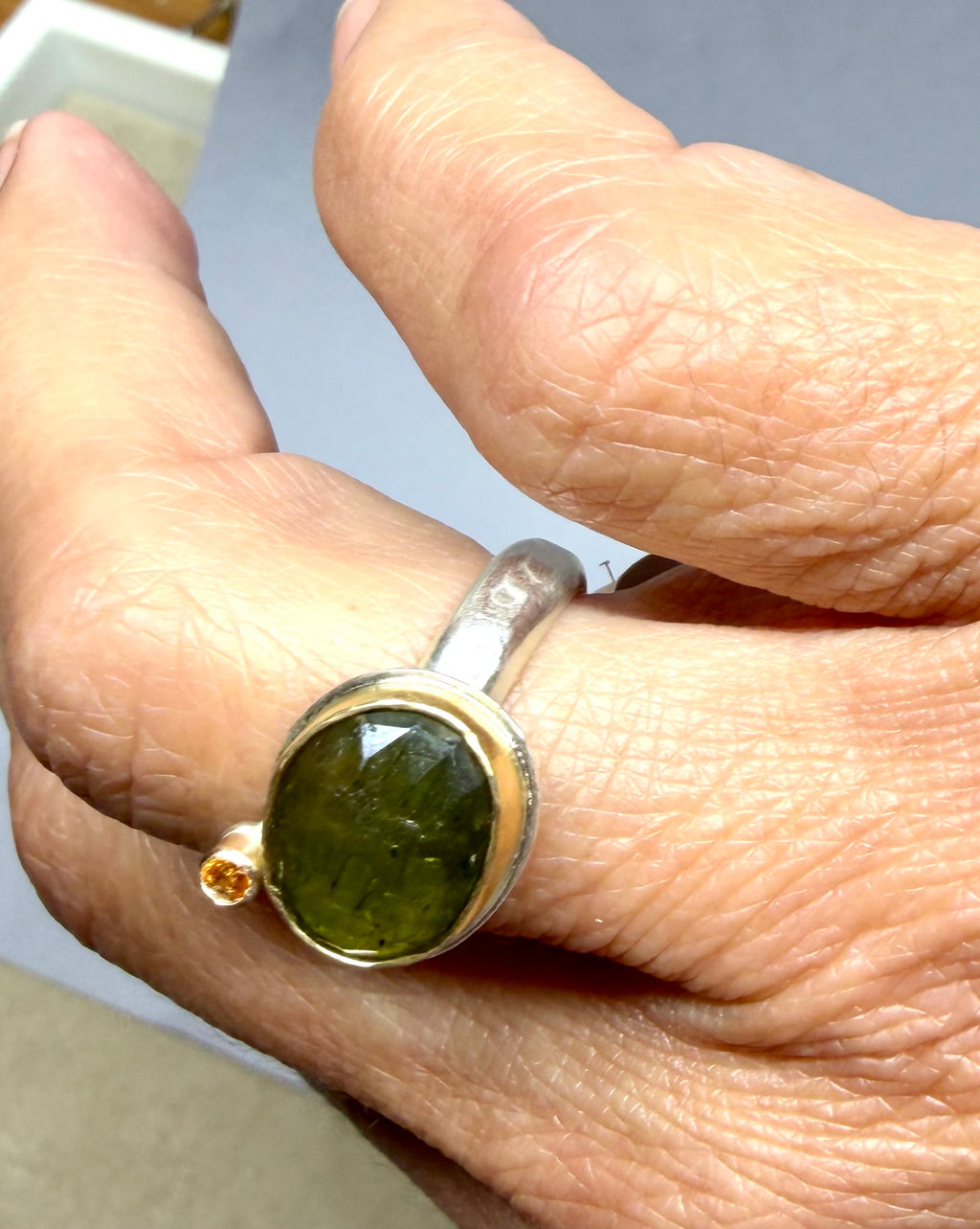 Green Tourmaline Ring | Rose-Cut, 18K Gold Bezel & Argentium Sterling Silver | OOAK