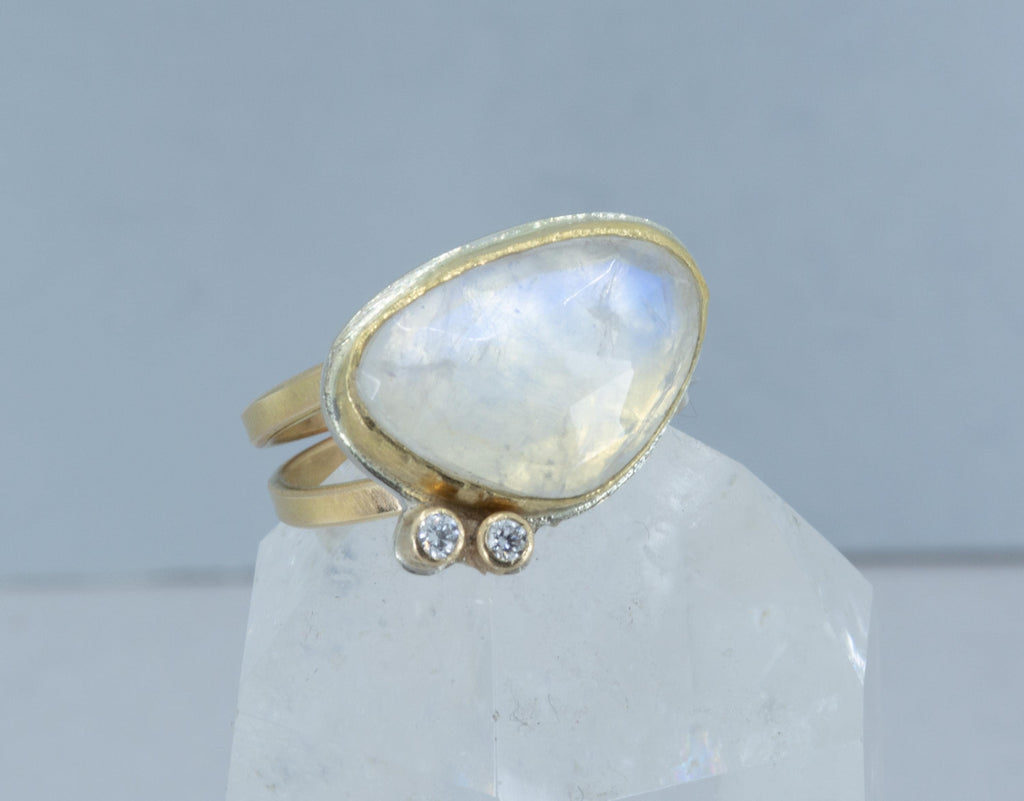 Rainbow Moonstone Diamond Cocktail Ring: 18K Gold, Argentium Silver, US Size 6.5
