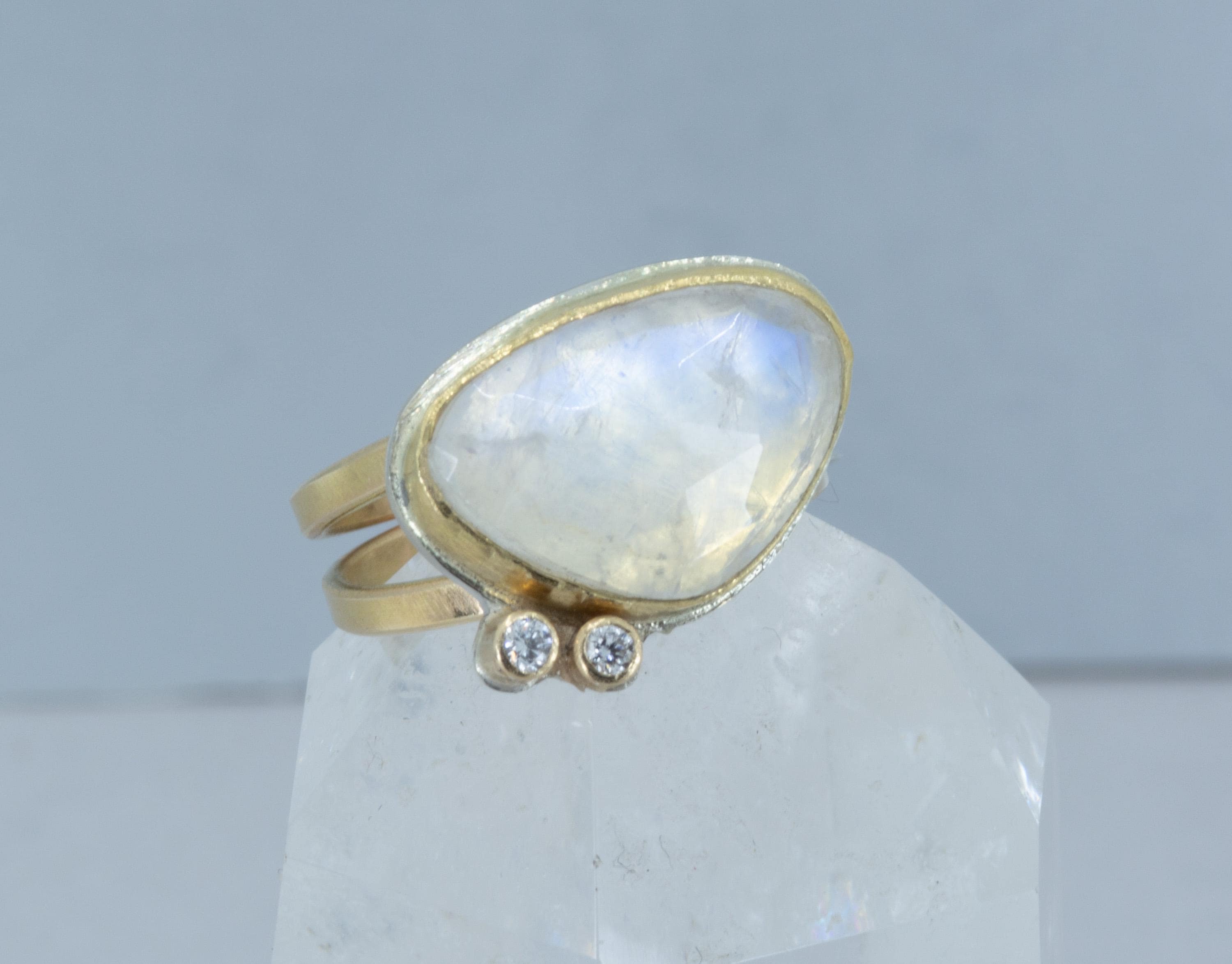 Rainbow Moonstone Diamond Cocktail Ring: 18K Gold, Argentium Silver, US Size 6.5