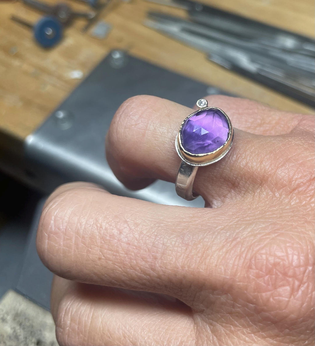 Rose Cut Amethyst Diamond Ring: Tall 18k Gold & Sterling Silver, Size 8.5