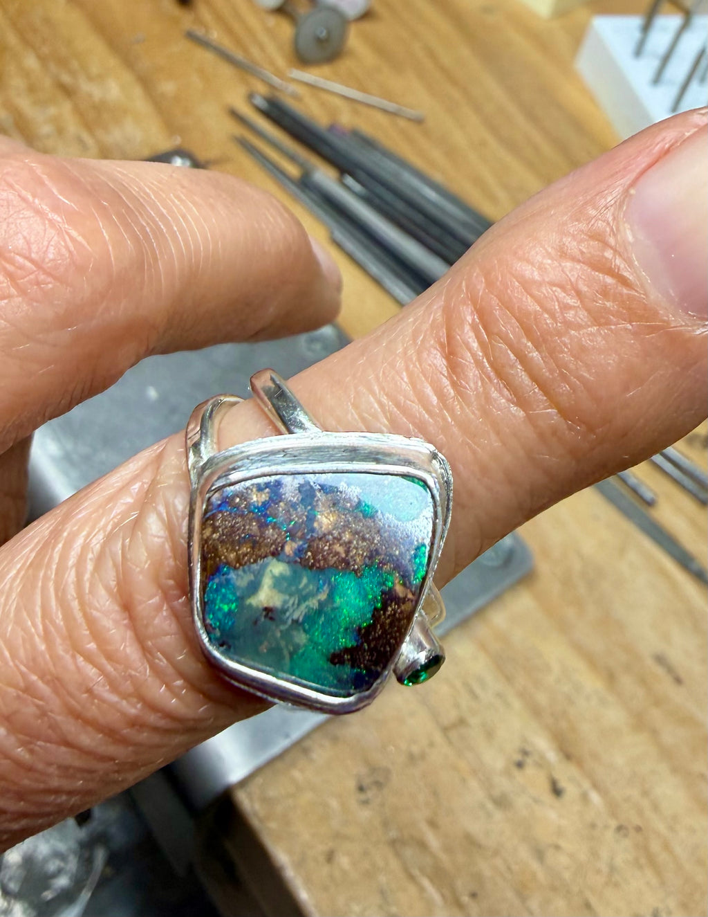 Australian Boulder Opal Ring | Argentium Silver & Emerald