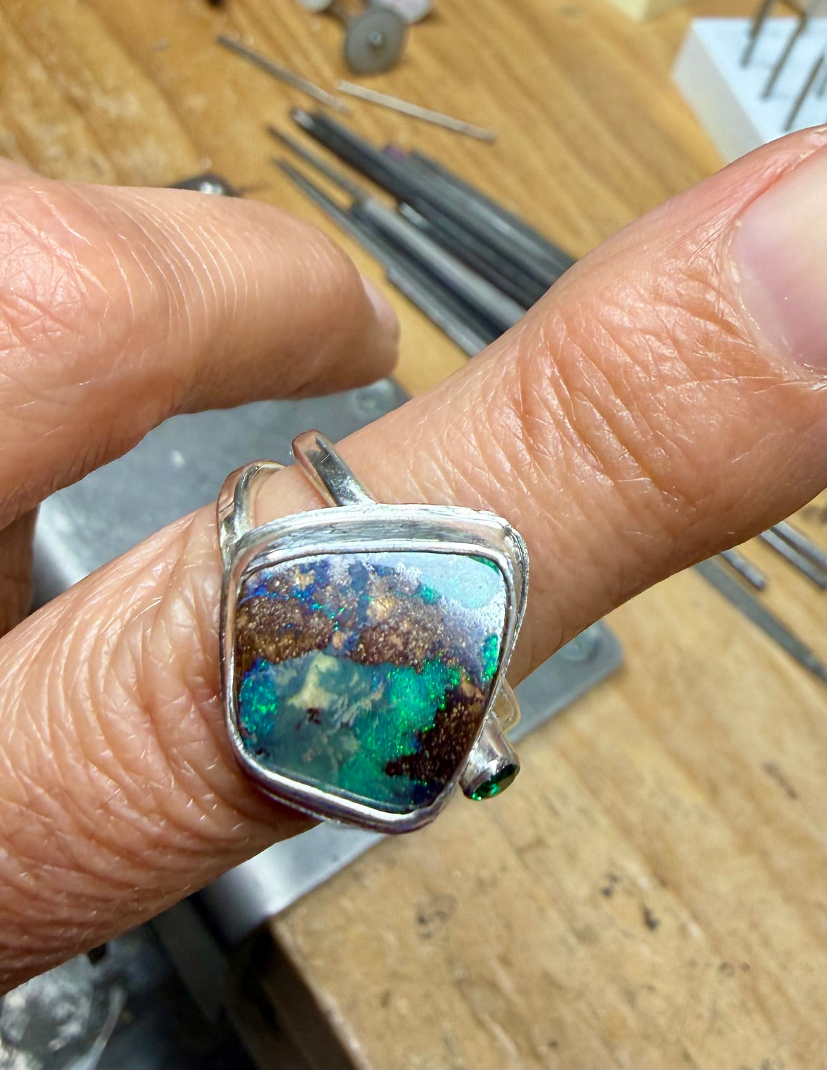 Australian Boulder Opal Ring | Argentium Silver & Emerald