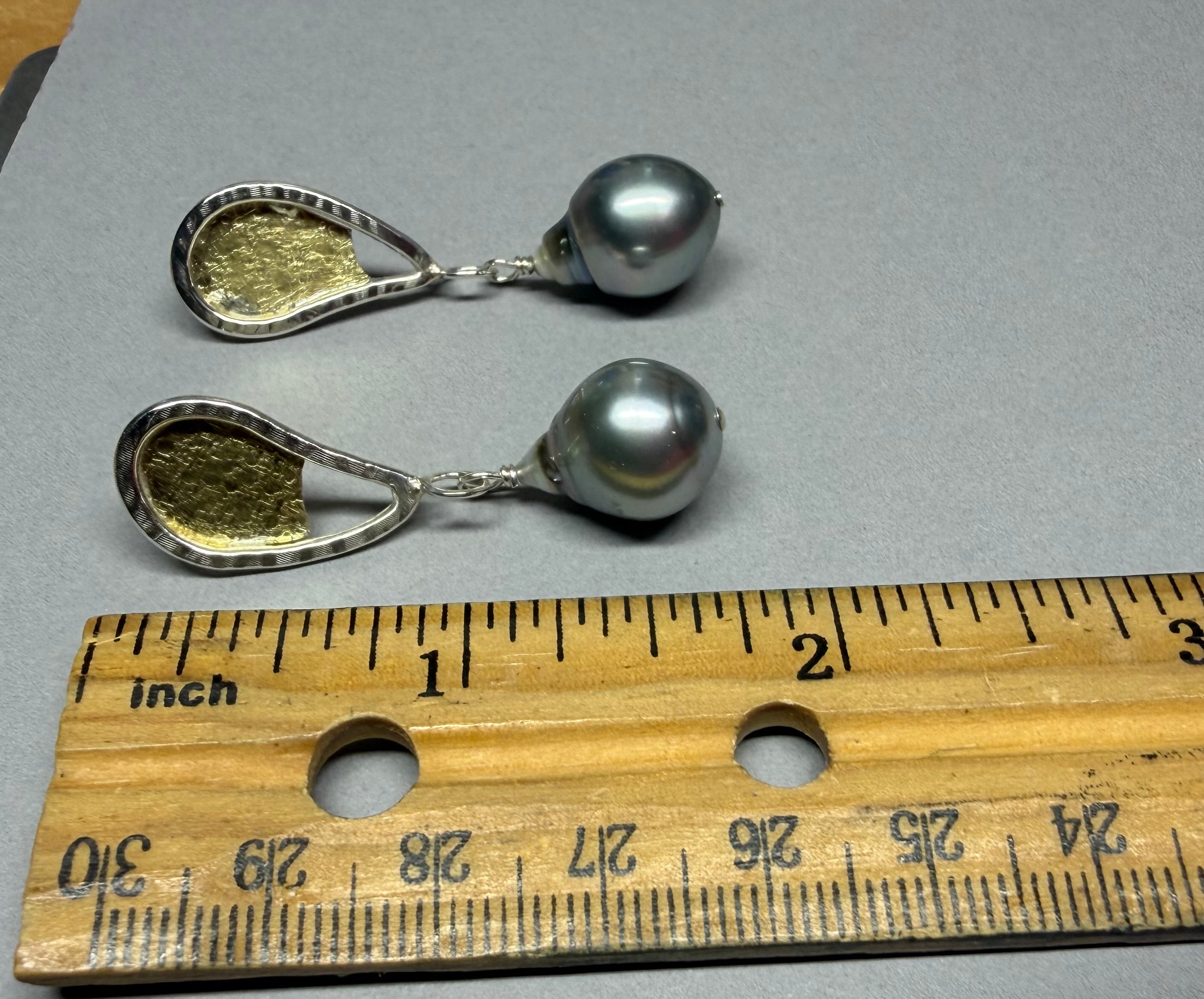 Tahitian Silvertone Pearl Earrings: 18k Gold and Sterling Botanical Earrings, OOAK