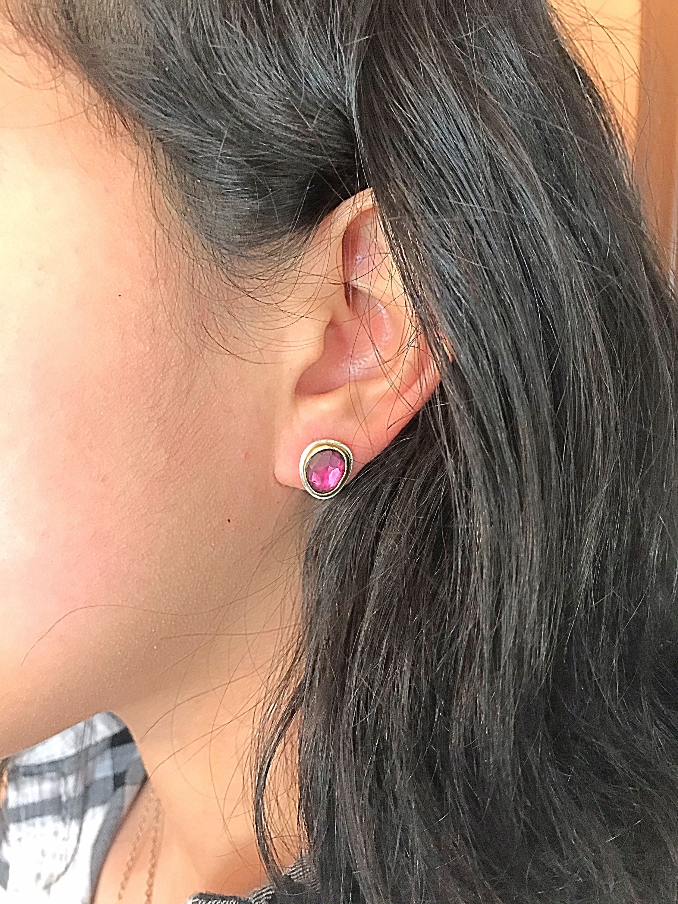 Rose Cut Garnet Stud Earrings: 18K Gold, January Birthstone