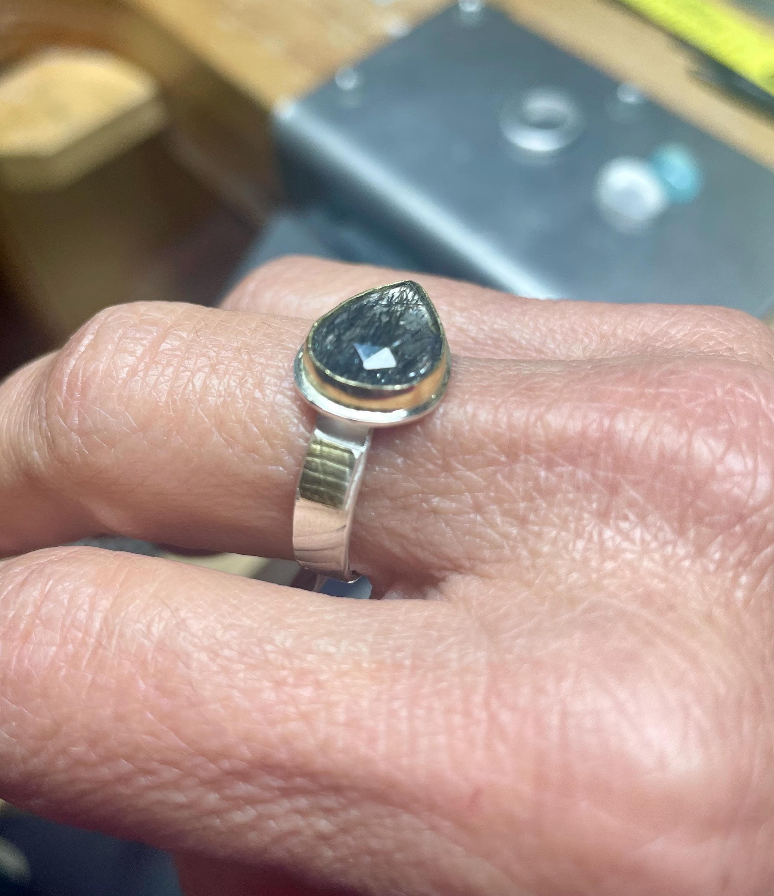 Tourmalated Quartz Cocktail Ring: 18k Gold & Argentium Silver, US Size 10