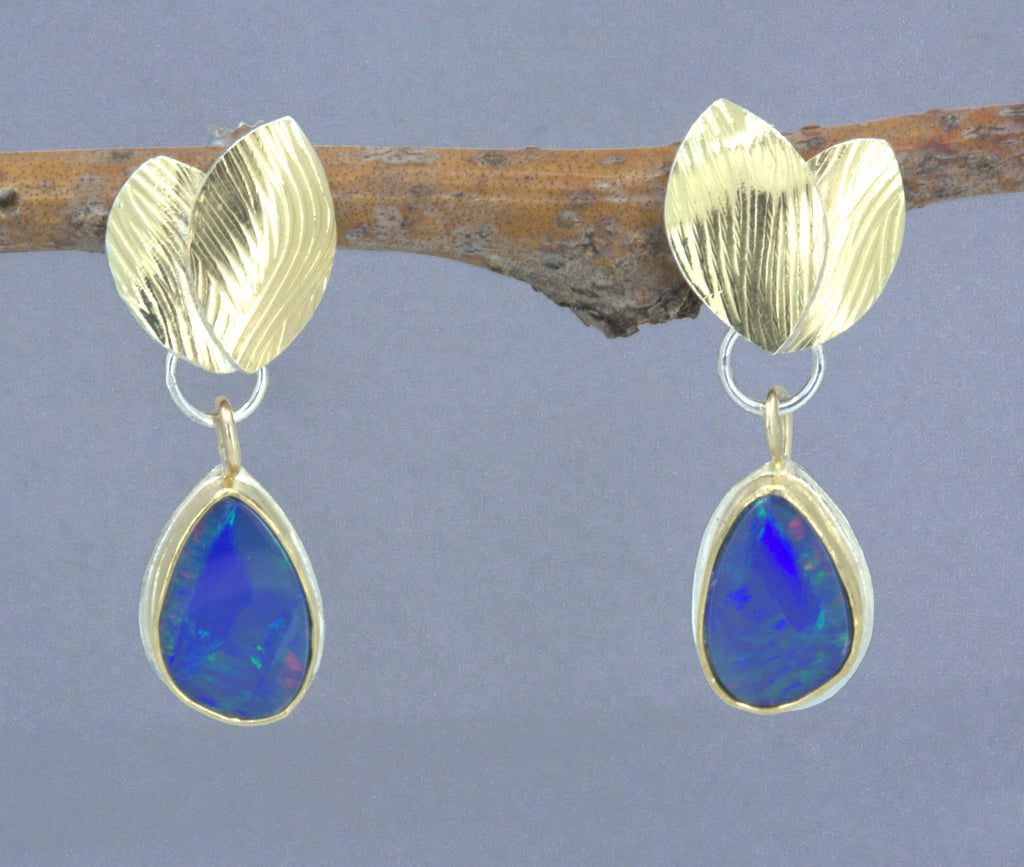 Australian Boulder Opal Dangle Earrings: 22K Gold Leaves, October Birthstone