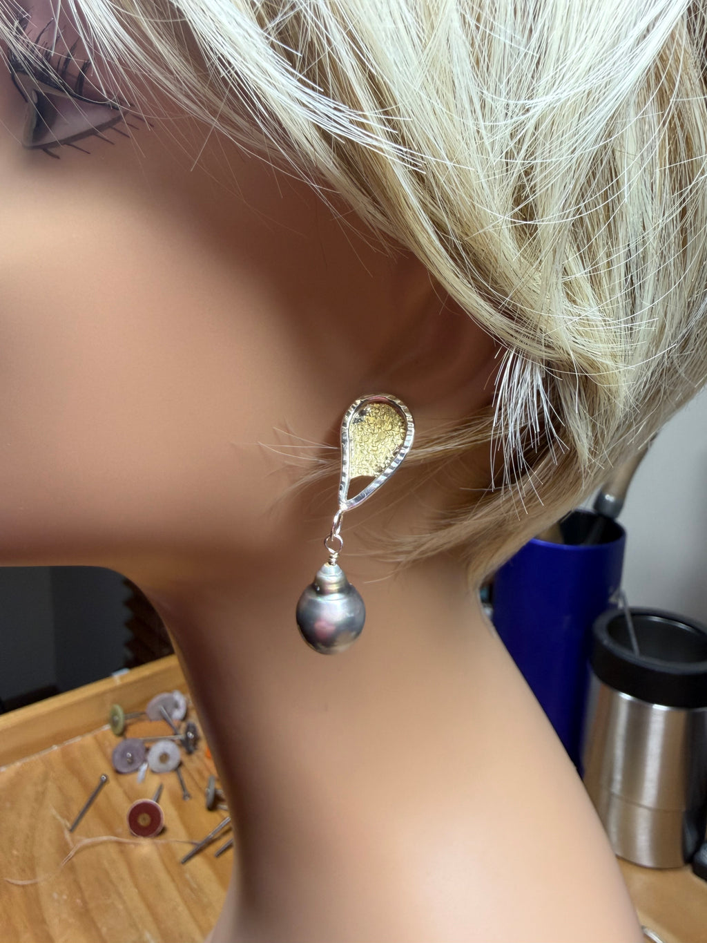 Tahitian Silvertone Pearl Earrings: 18k Gold and Sterling Botanical Earrings, OOAK