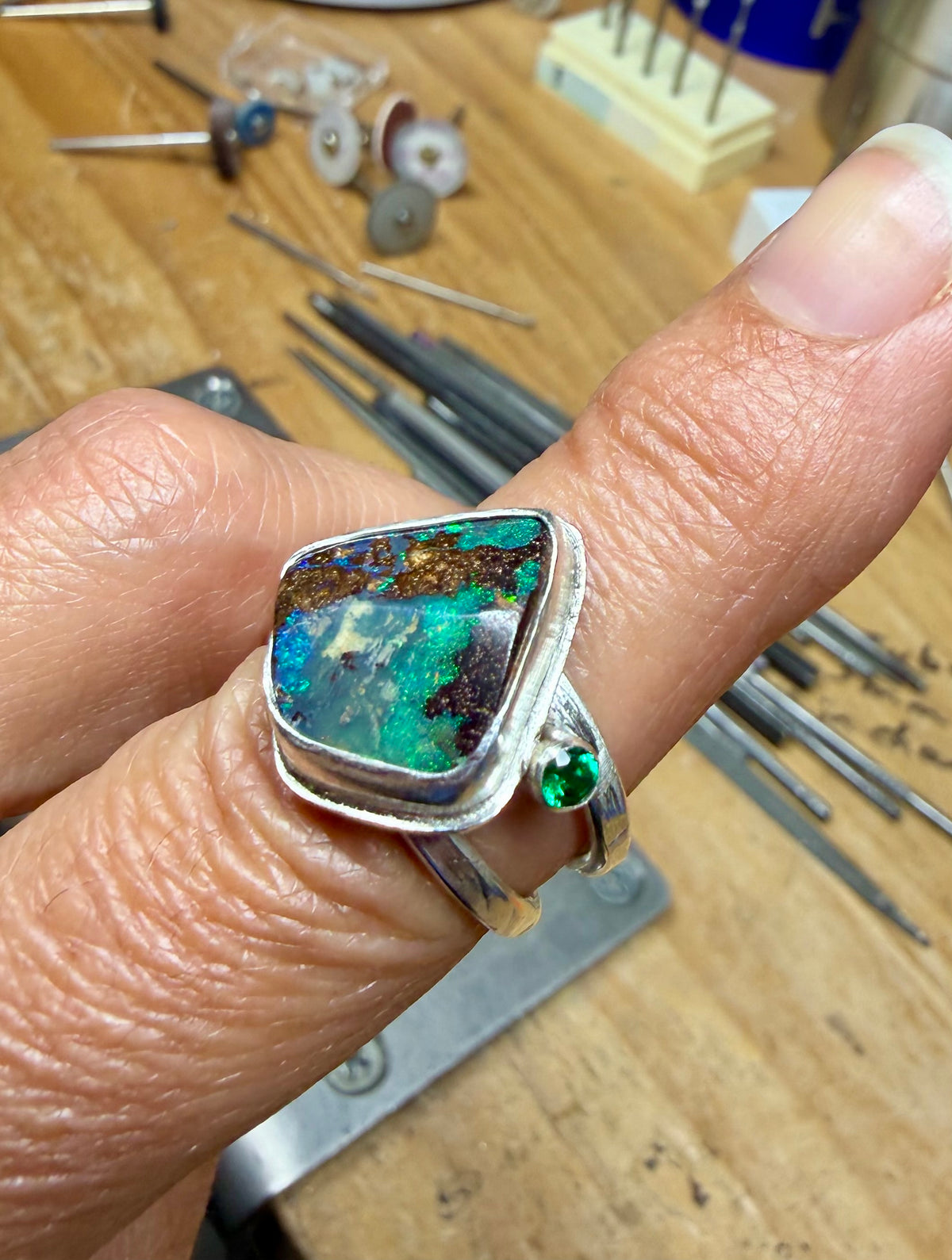 Australian Boulder Opal Ring | Argentium Silver & Emerald