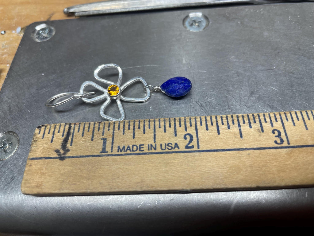 Flower and Gemstone Earrings in Sterling Silver and Gold, OOAK