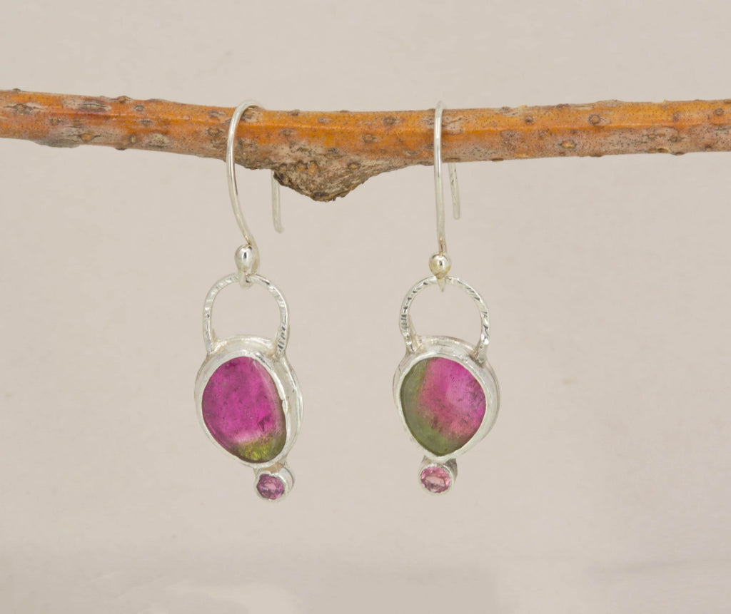 Watermelon Tourmaline Earrings in Silver with Pink Tourmalines, October Birthstone