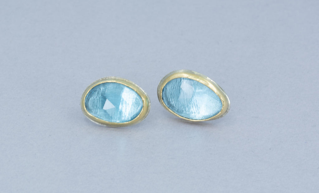 Blue Topaz Stud Earrings: 18k Gold Bezel, Argentium Silver
