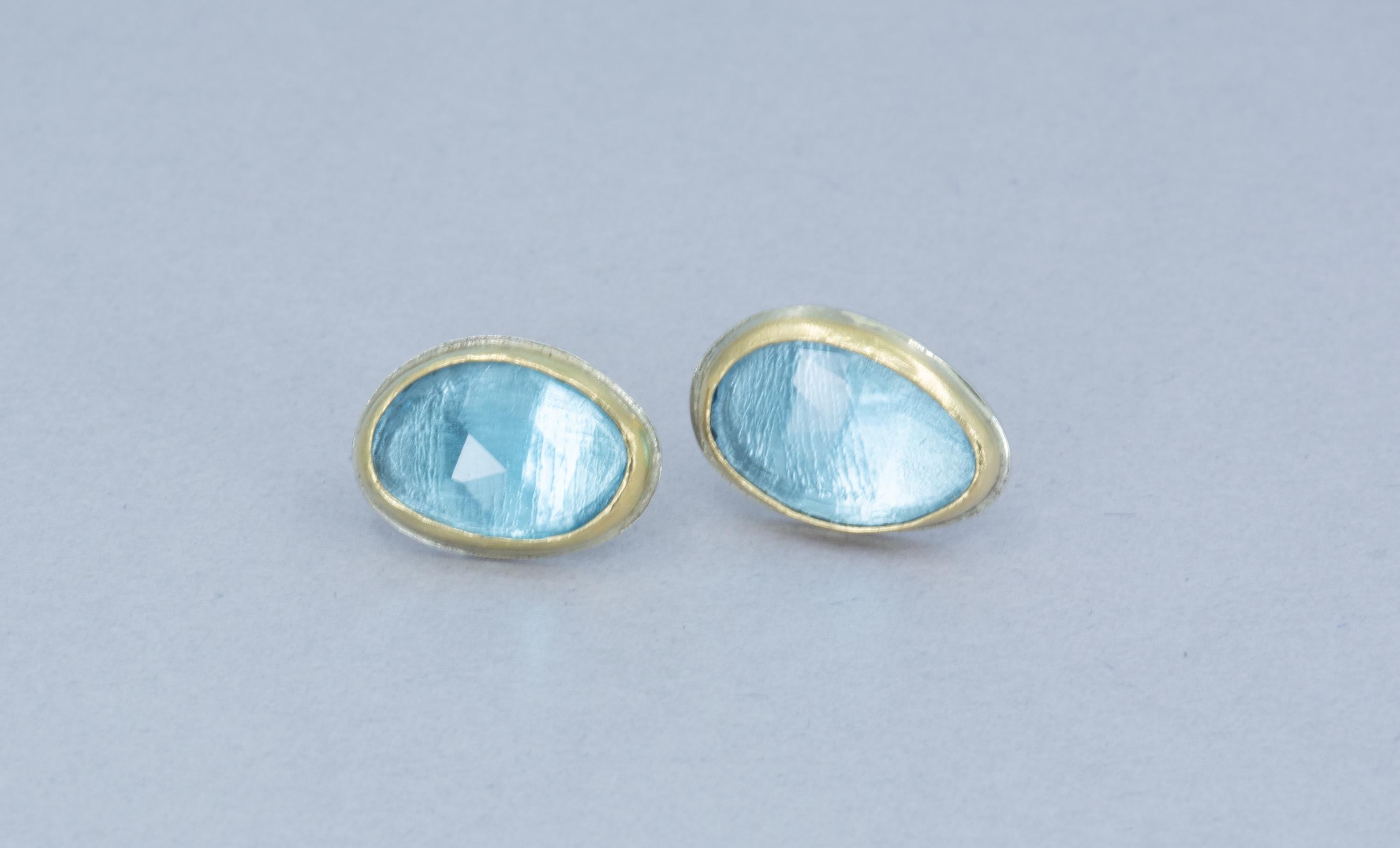 Blue Topaz Stud Earrings: 18k Gold Bezel, Argentium Silver