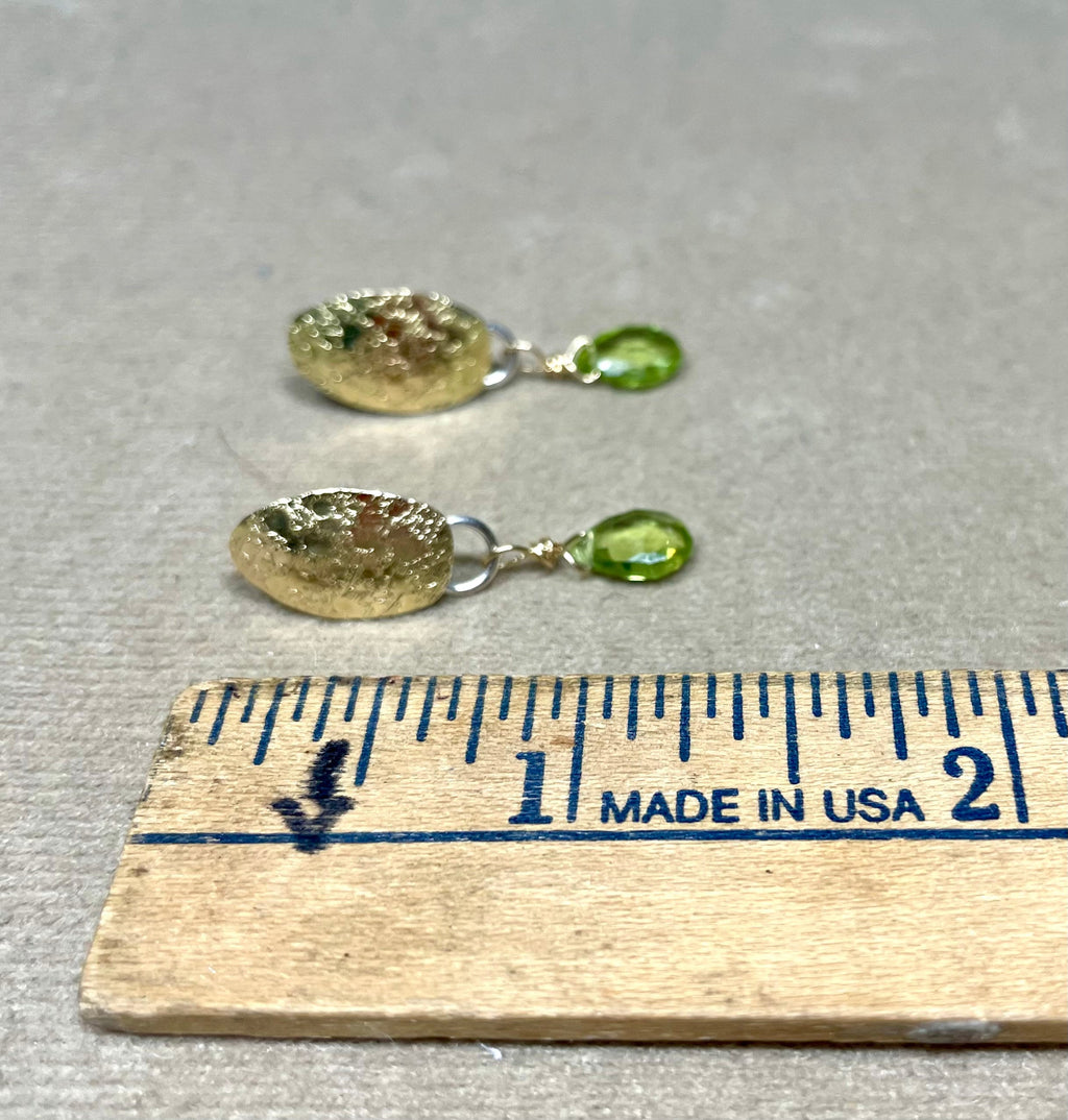 Peridot Drop Earrings: 18K Gold Leaf, Sterling Silver Posts, August Birthstone
