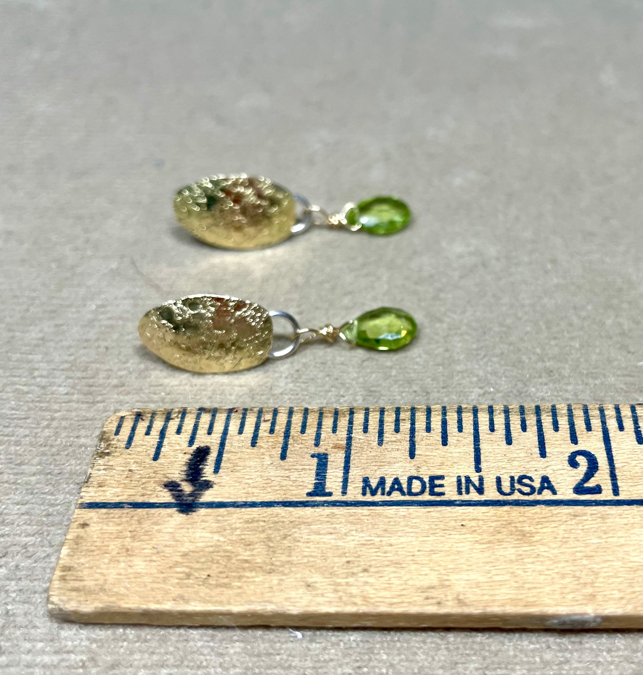 Peridot Drop Earrings: 18K Gold Leaf, Sterling Silver Posts, August Birthstone
