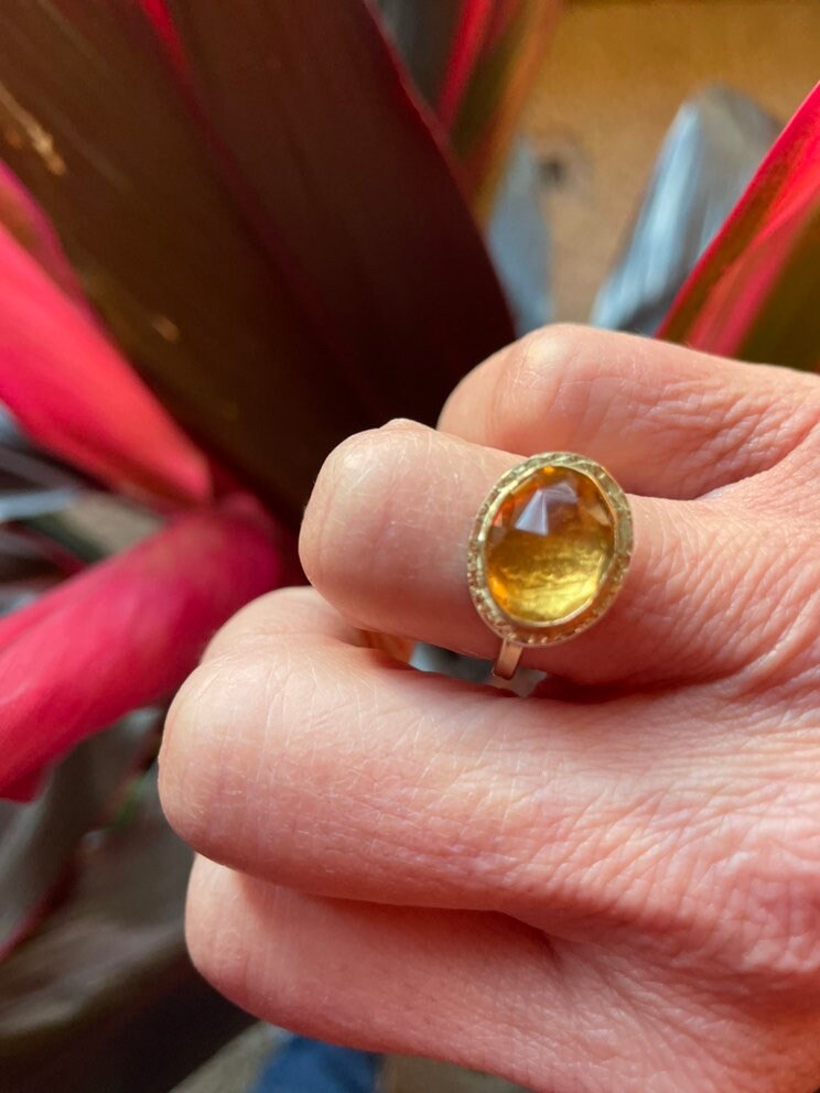 Citrine Textured Metal Ring in 18K Gold, Rose Cut Citrine, November birthstone