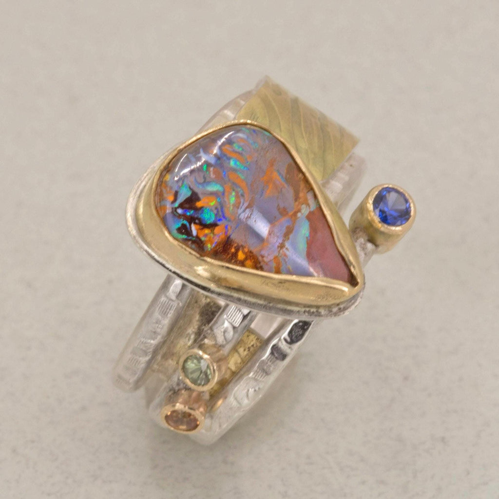 Boulder Opal 18K Gold Ring: Handmade Sterling Silver Multi-Band, US Size 8 or 8.5