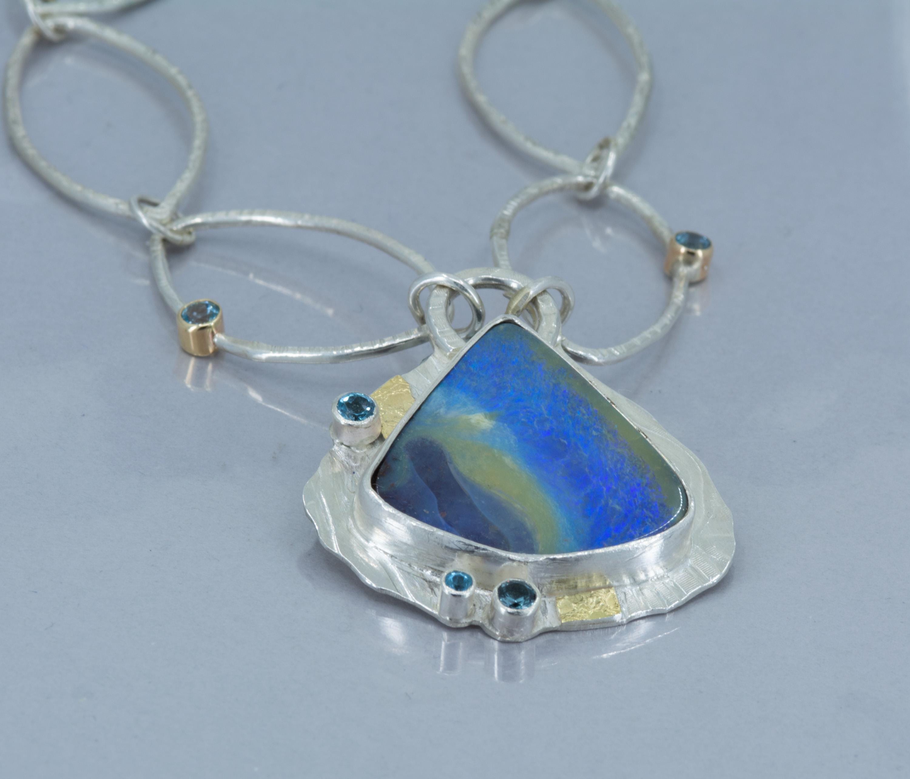 Boulder Opal Necklace: Sterling Silver, Gold, Topaz - OOAK Australian Opal