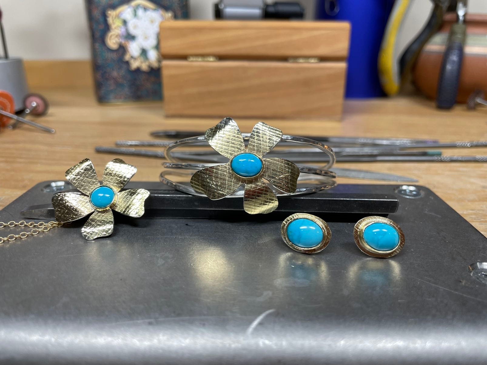 Floral Turquoise Cuff: 18K Gold Sterling Silver Bracelet