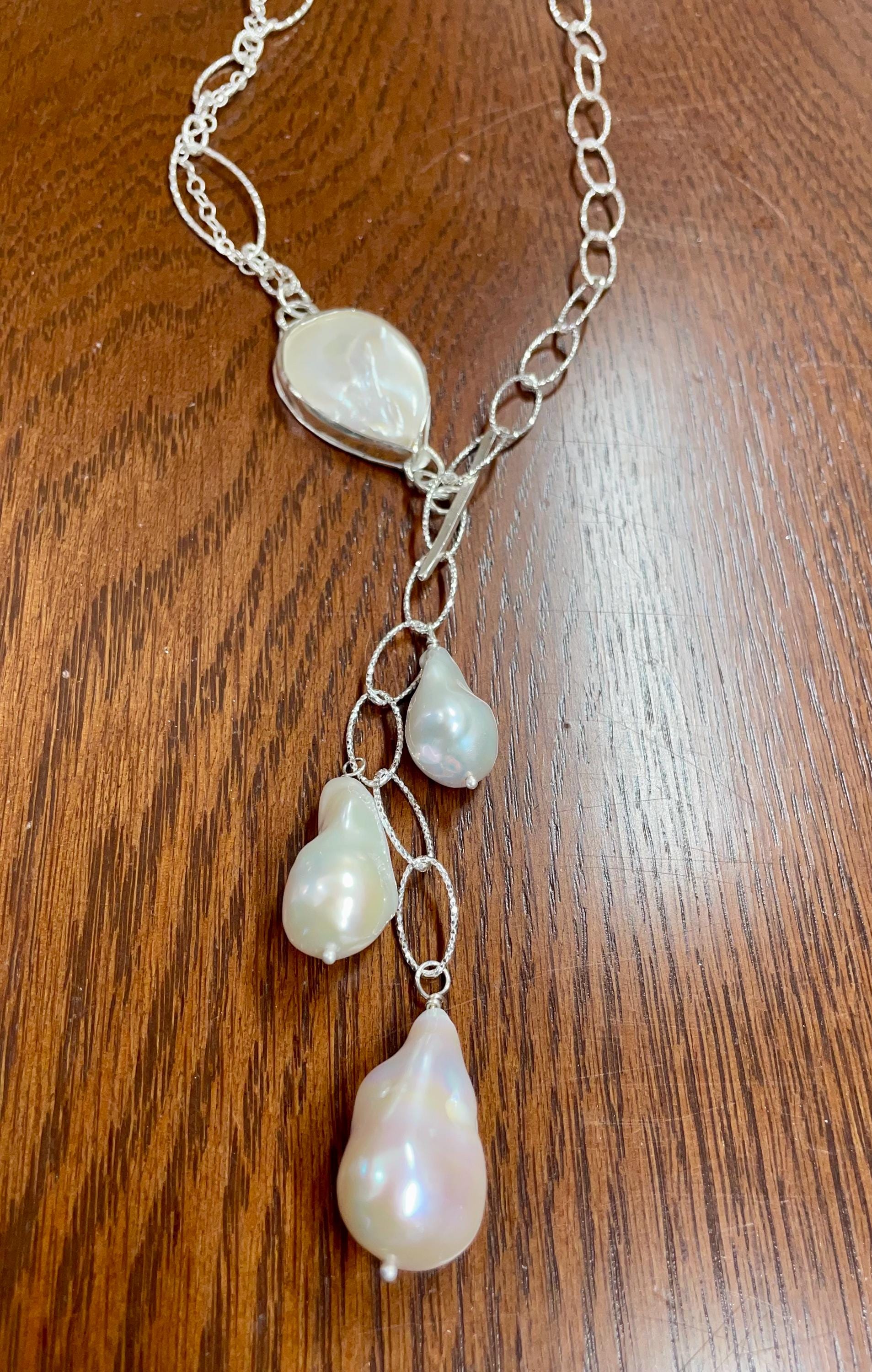 Baroque Pearl Lariat Necklace: Sterling Silver Chain, Adjustable OOAK