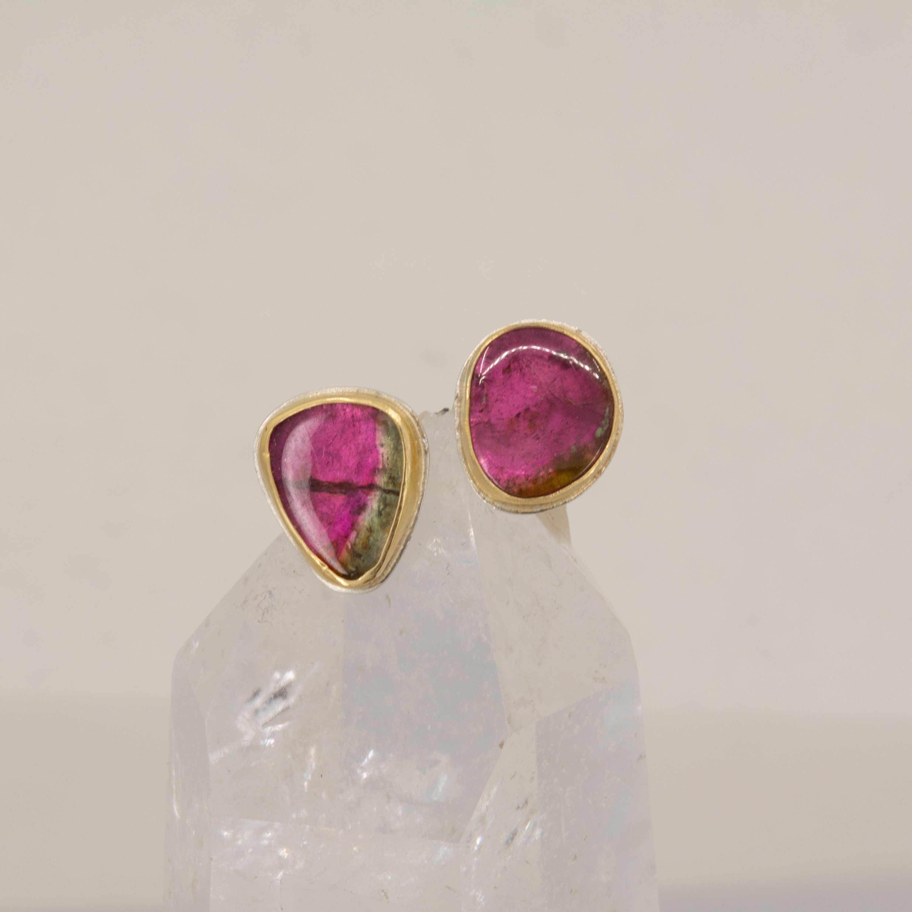 18K Gold Watermelon Tourmaline Earrings: Argentium Sterling Silver Studs