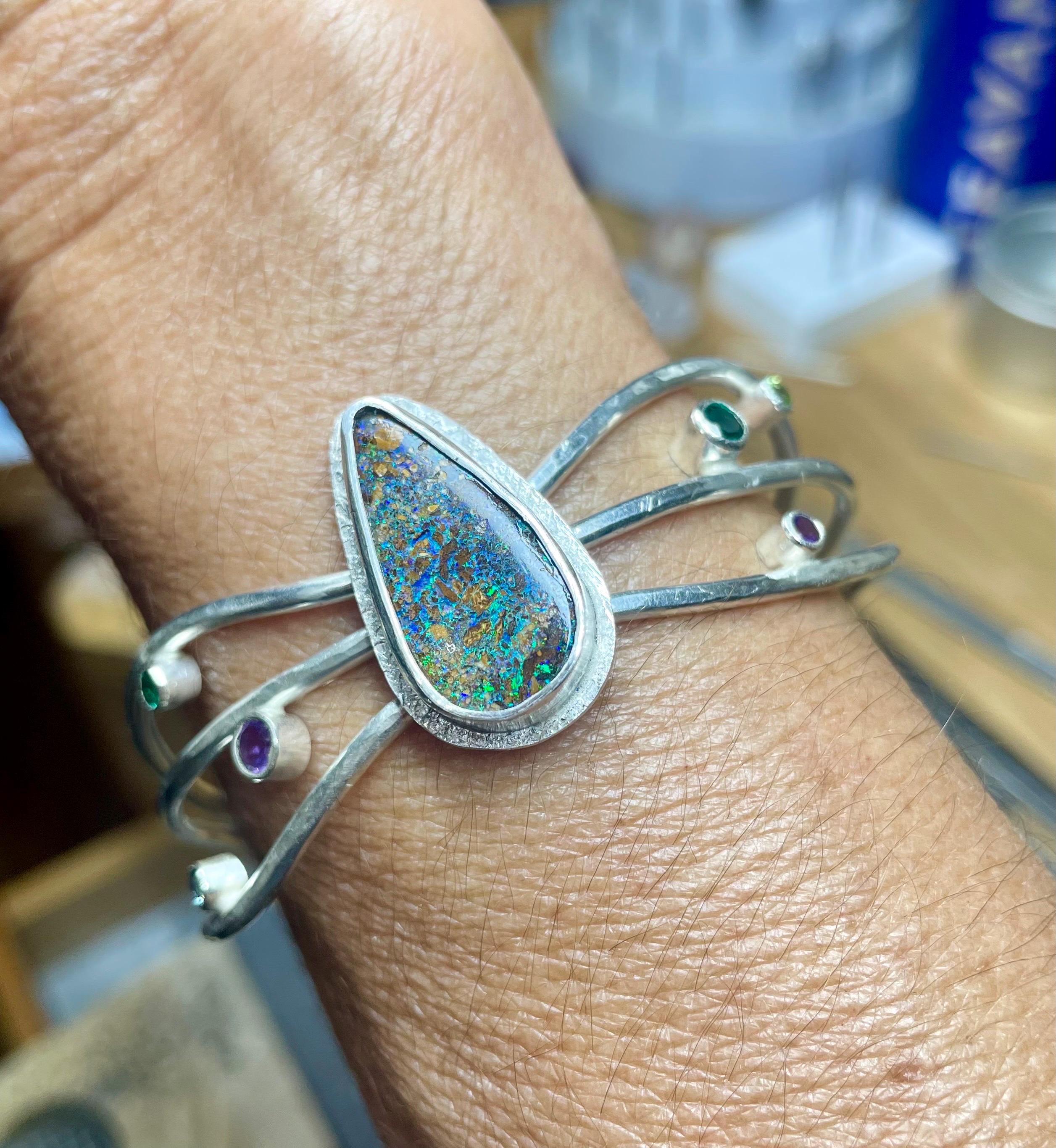 Boulder Opal Cuff Bracelet: Sterling Silver, Emerald, Amethyst