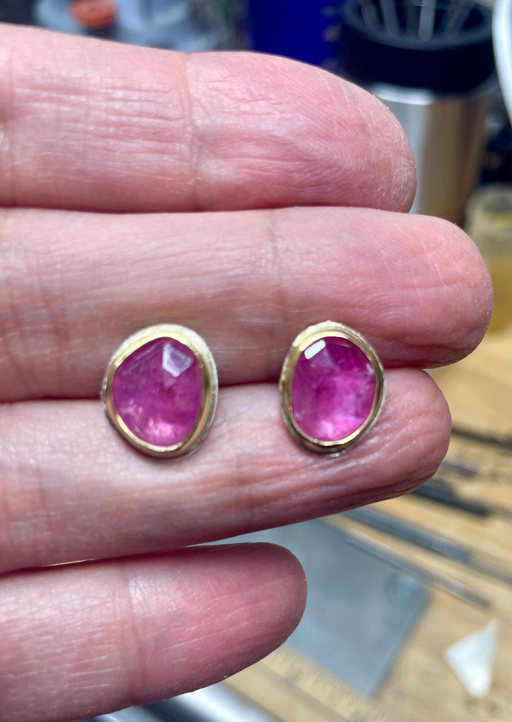 Ruby Stud Earrings set in 18K Gold and Sterling Silver, OOAK, July birthstone