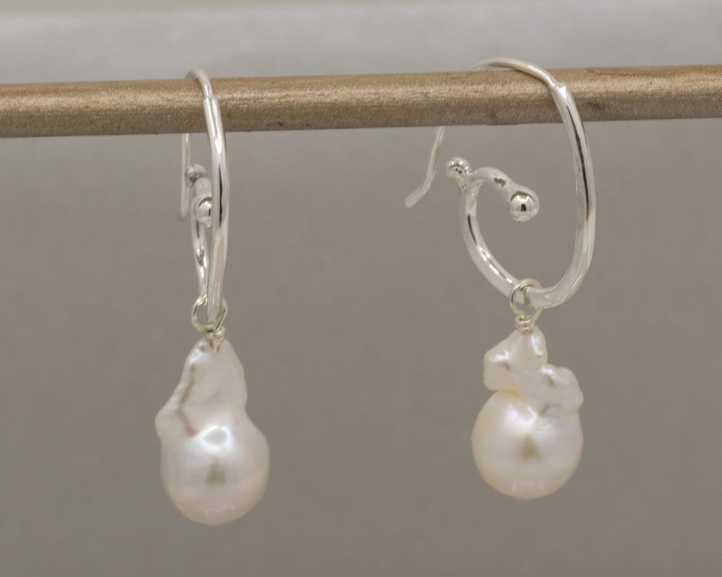 Handmade Sterling Silver Baroque Pearl Hoop Earrings