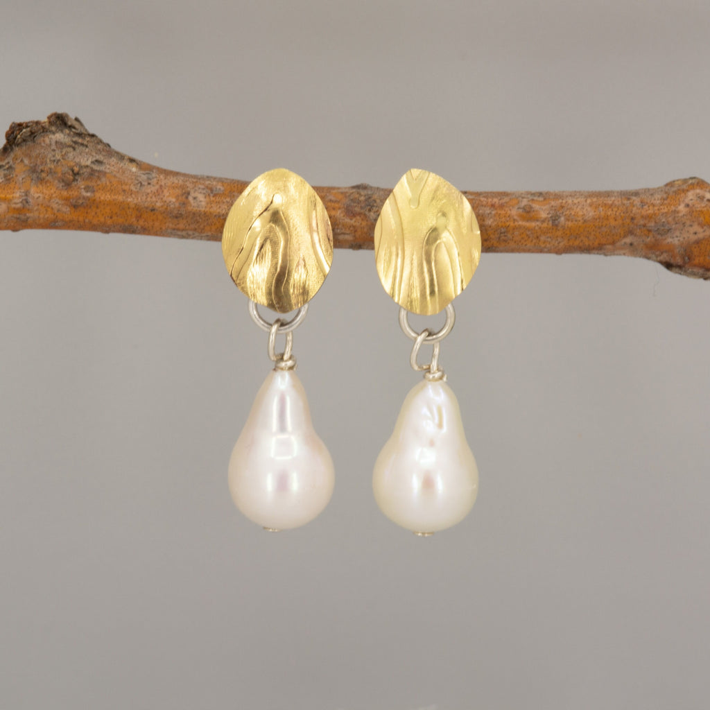White Pearl Earrings: 18K Gold Leaf, Sterling Silver Posts