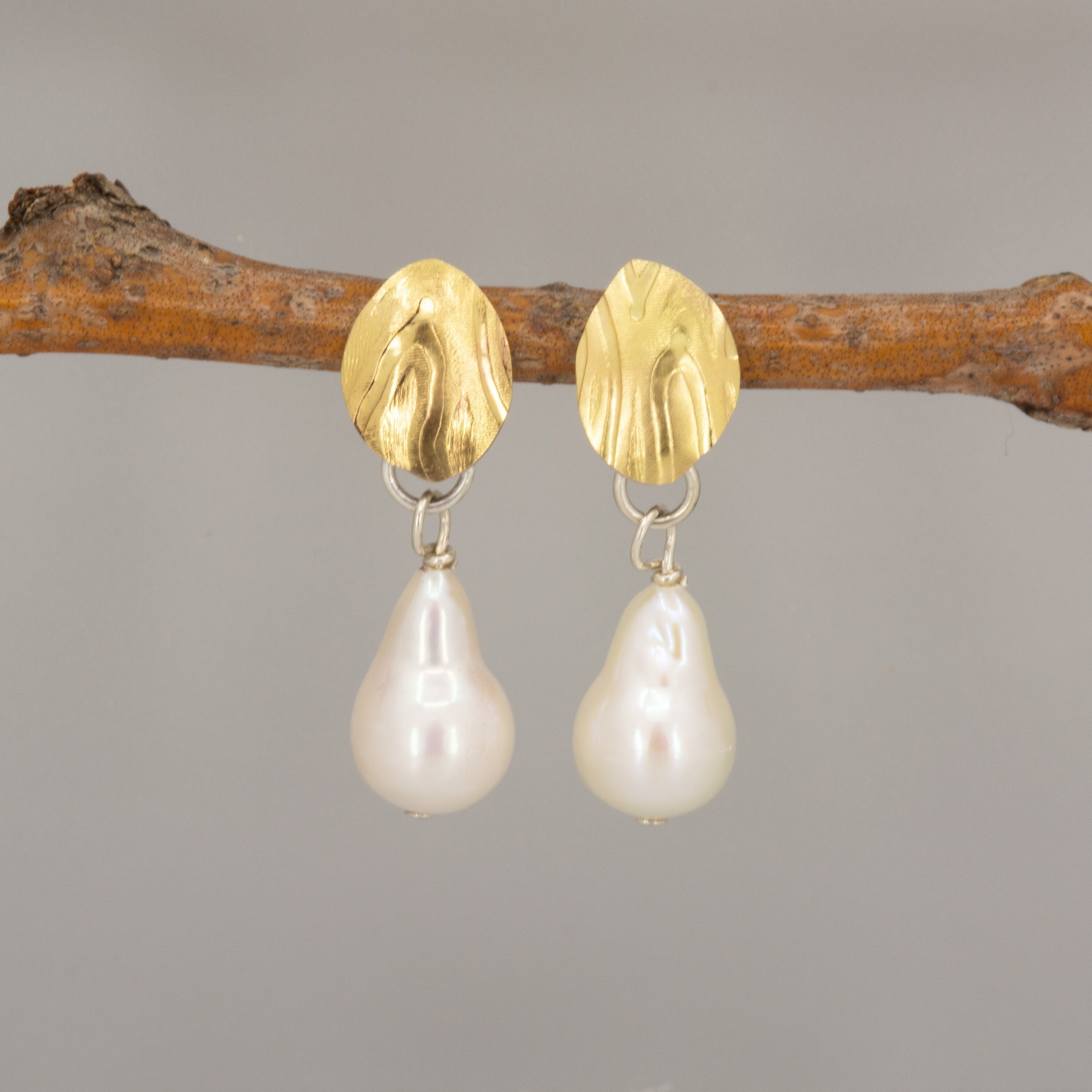 White Pearl Earrings: 18K Gold Leaf, Sterling Silver Posts