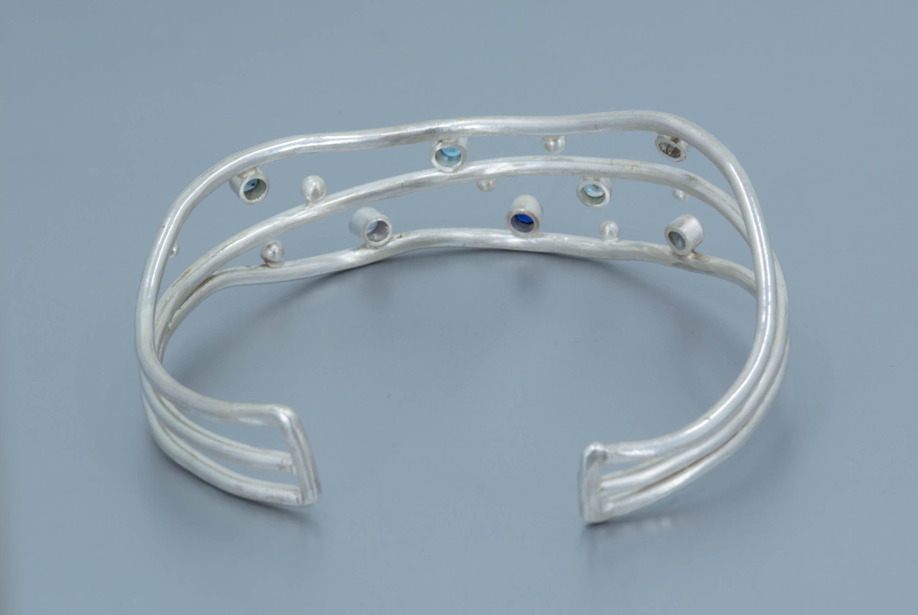 Blue Gemstone Sterling Silver Cuff Bracelet: Sapphire, Topaz, Aquamarine