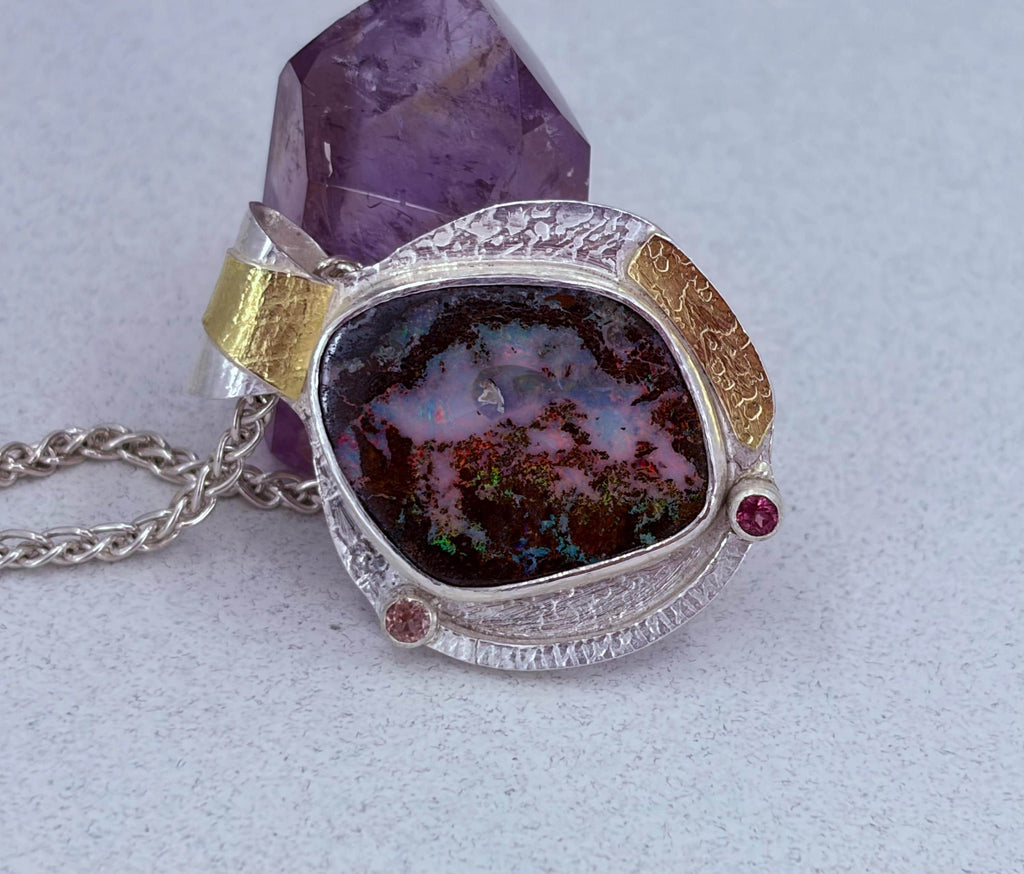 Boulder Opal Pendant in Silver and Gold, Red Flash Opal, One of A Kind