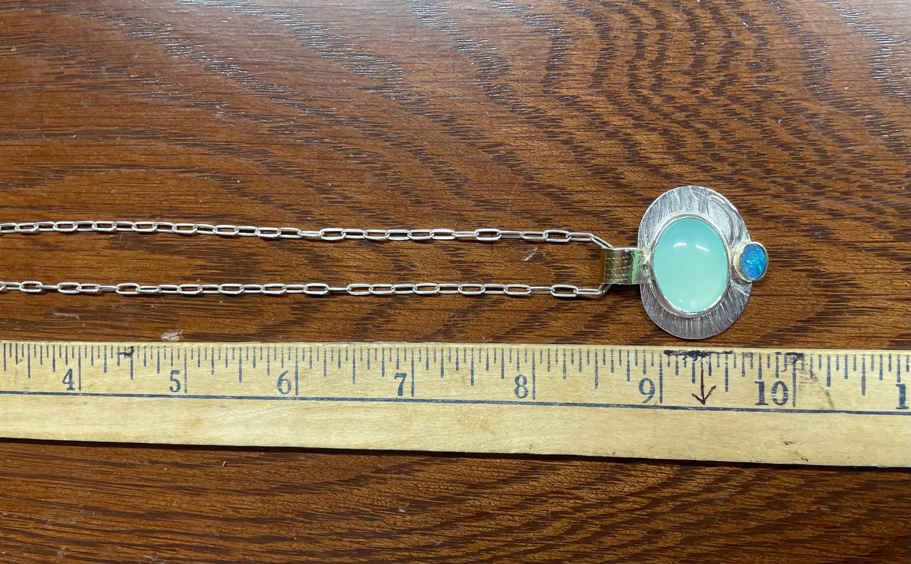 Aqua Chalcedony Opal Pendant: Sterling Silver, 18K Gold Statement Necklace