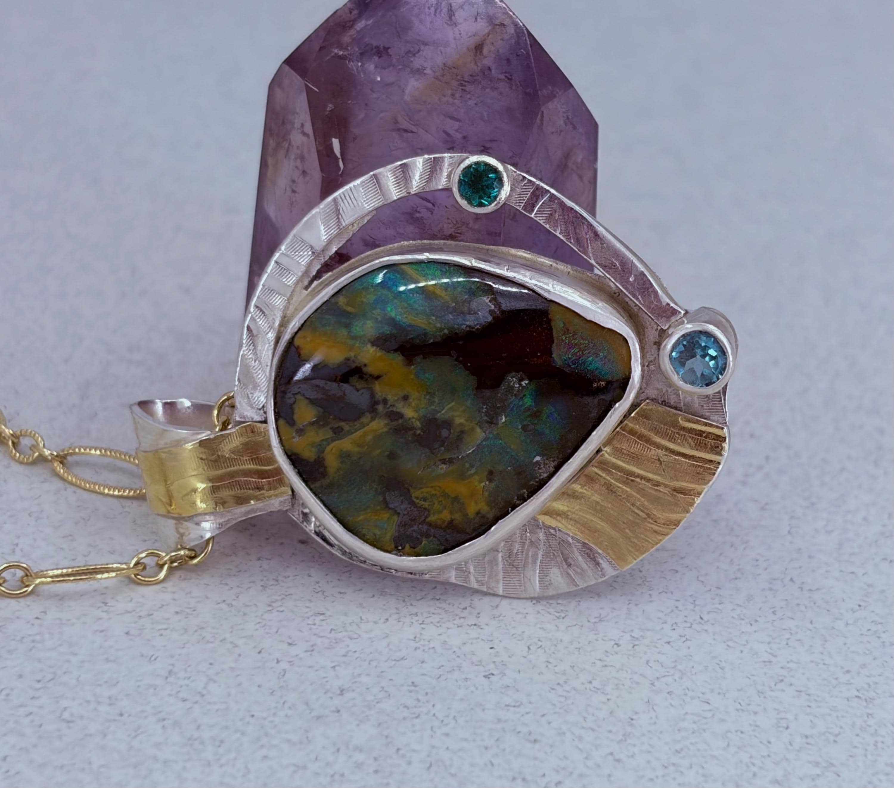 Boulder Opal Necklace in Sterling Silver and Gold, Green Flash Opal Pendant, OOAK