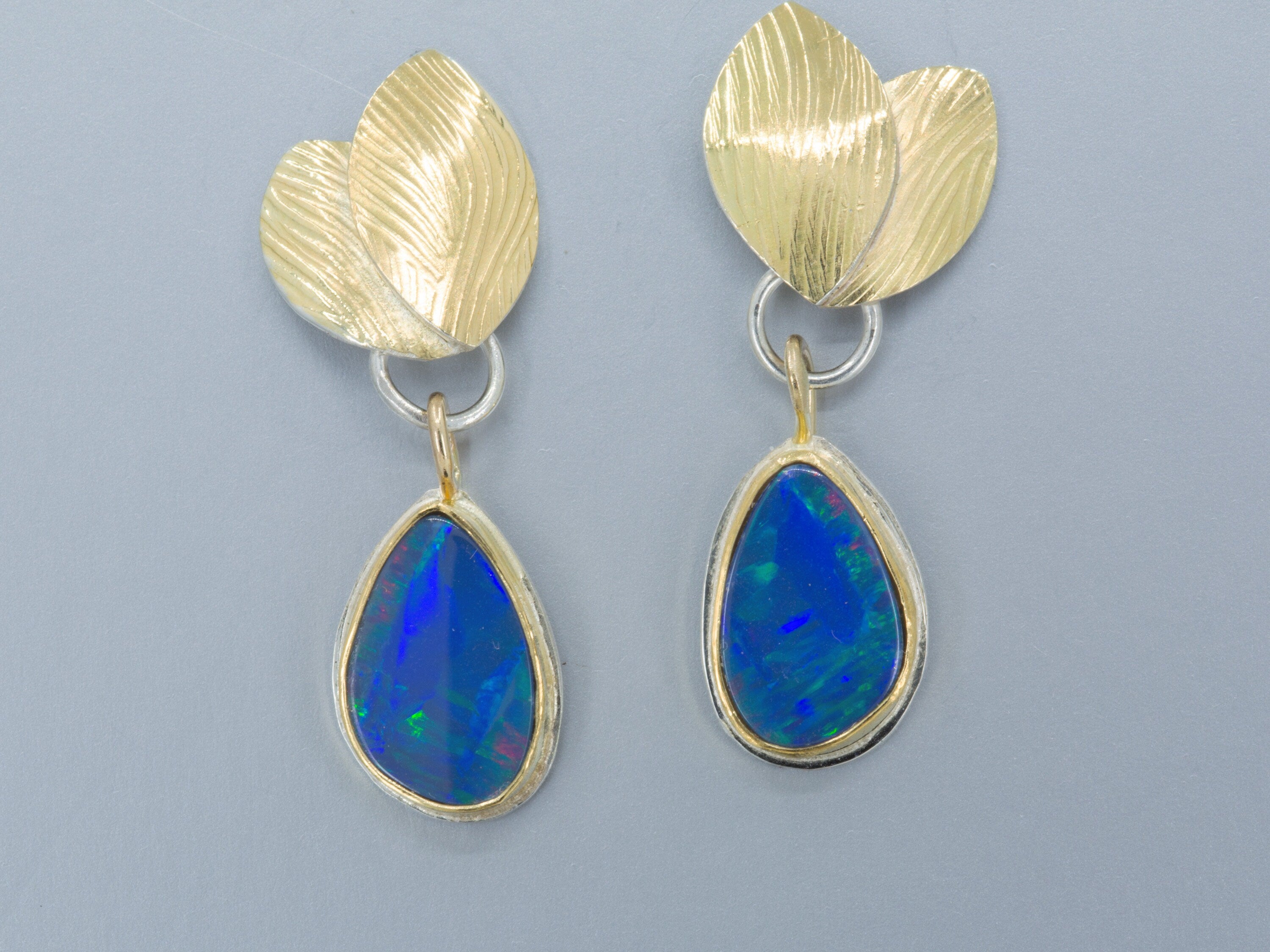 Australian Boulder Opal Dangle Earrings: 22K Gold Leaves, October Birthstone