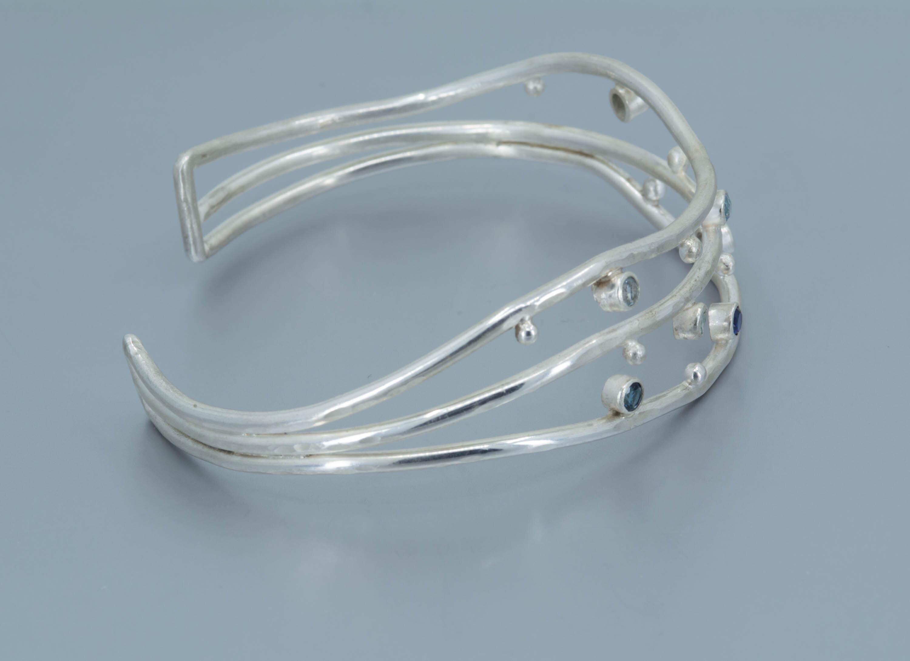 Blue Gemstone Sterling Silver Cuff Bracelet: Sapphire, Topaz, Aquamarine