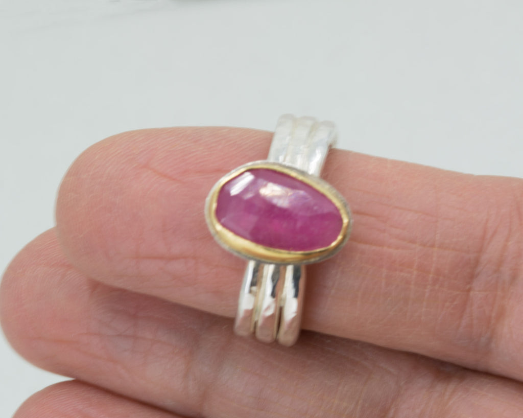 Pink Sapphire Ring: 18K Gold, Sterling Silver Band, September Birthstone, US Size 9