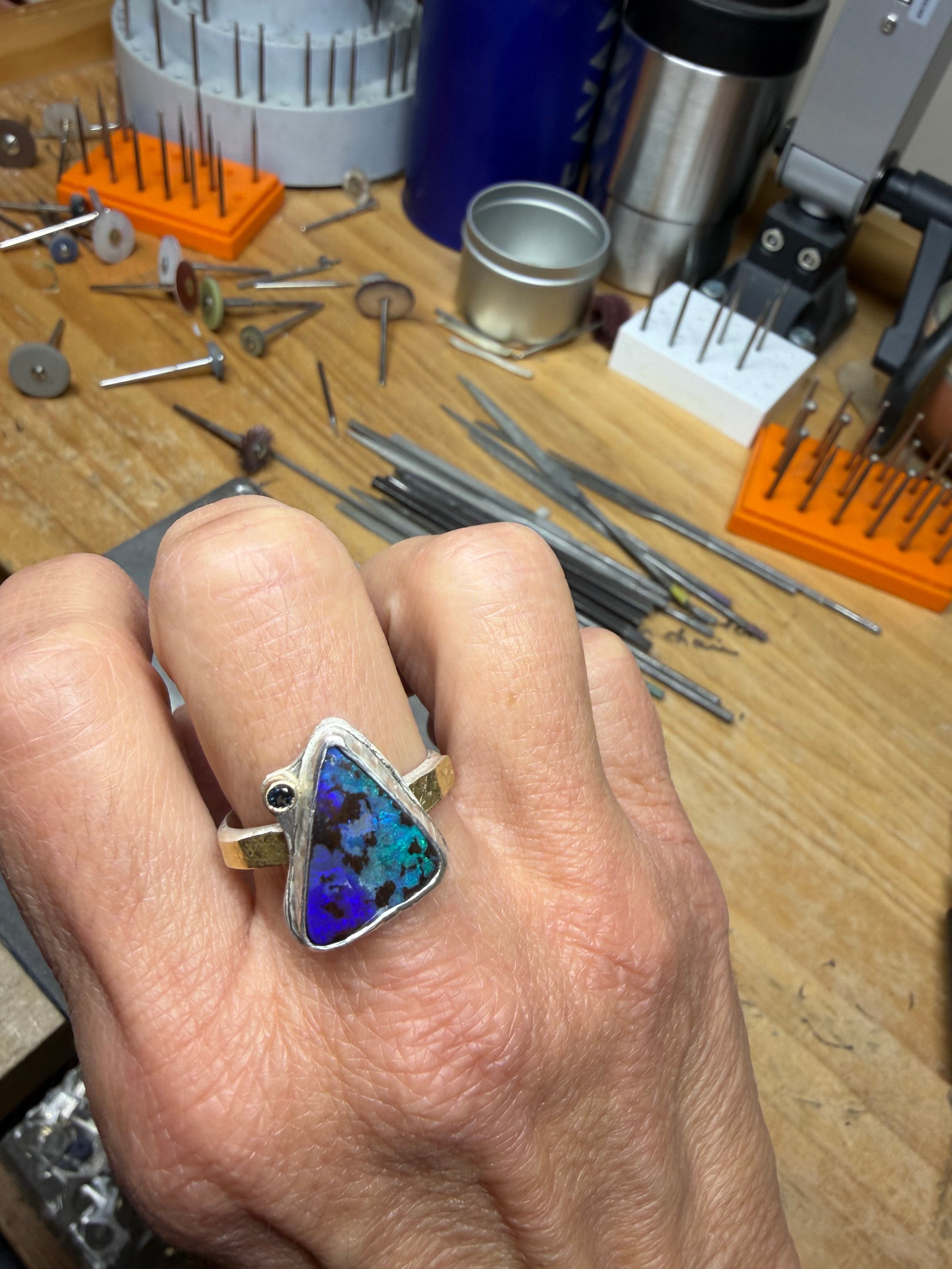 Boulder Opal Statement Ring, Purple and Blue Opal in Sterling Silver and Gold, Size 10