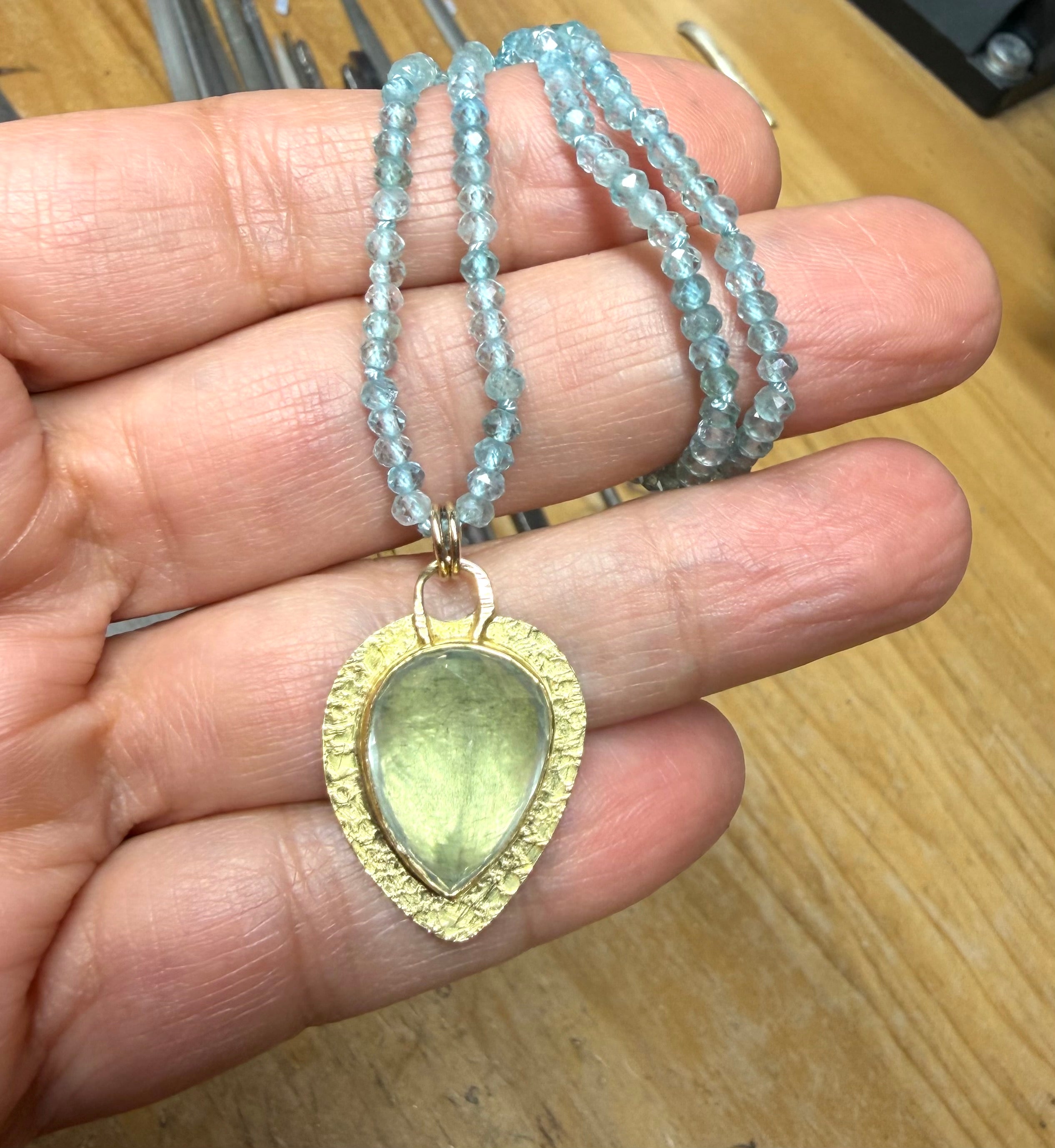 Large Moss Aquamarine Pendant: 18K Gold Textured Bezel, March Birthstone