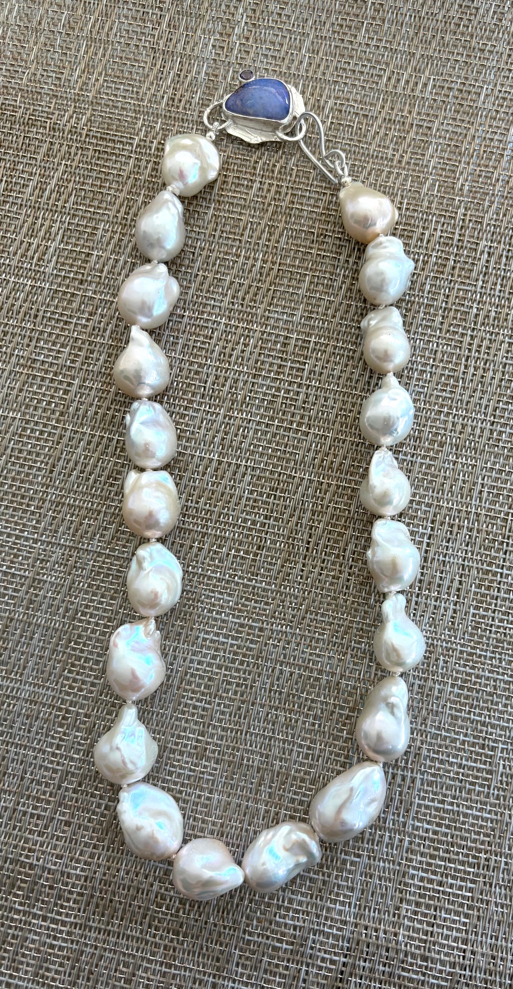 Large White Baroque Knotted Pearl Necklace with Boulder Opal Clasp, June birthstone