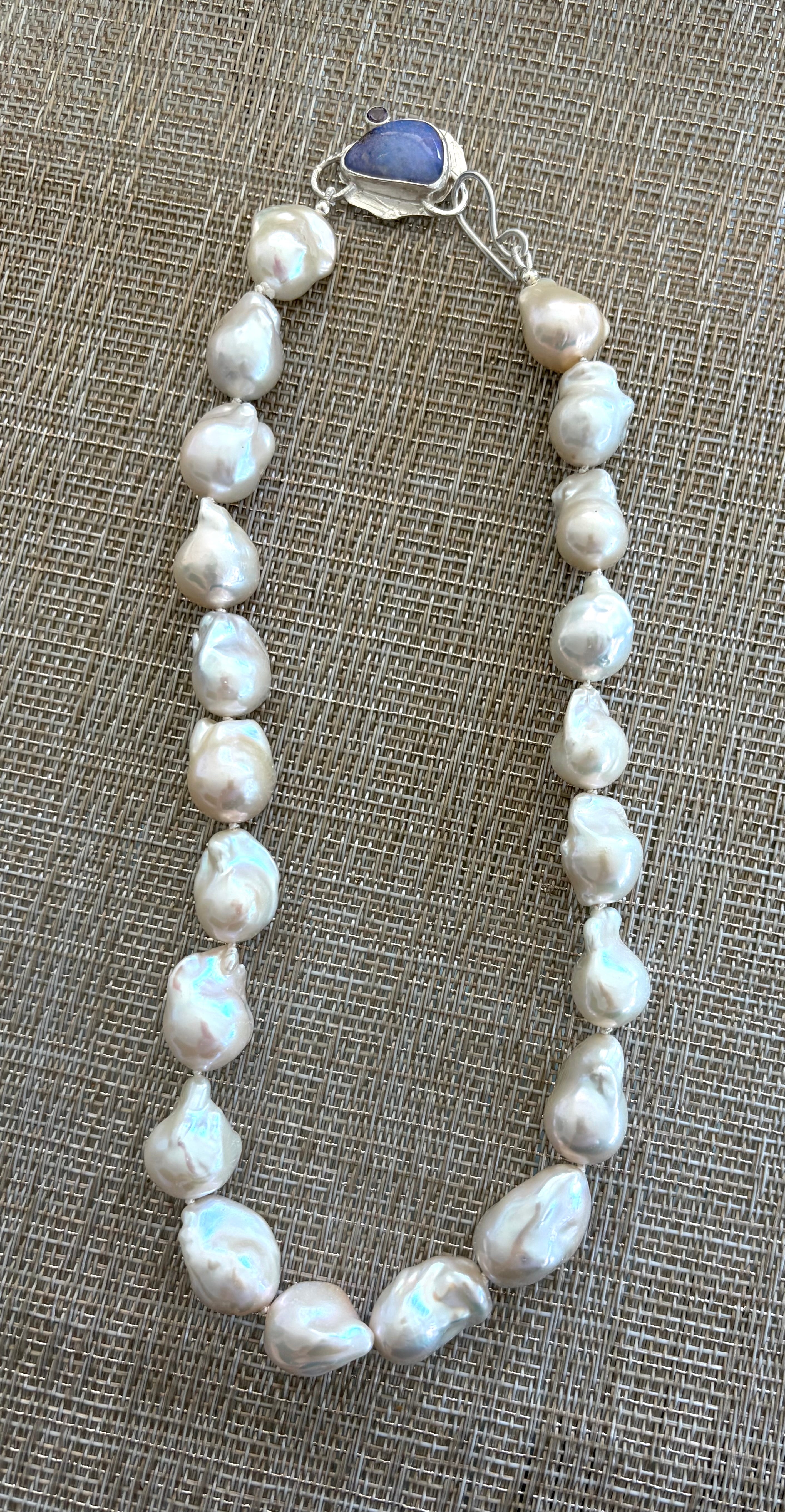 Large White Baroque Knotted Pearl Necklace with Boulder Opal Clasp, June birthstone
