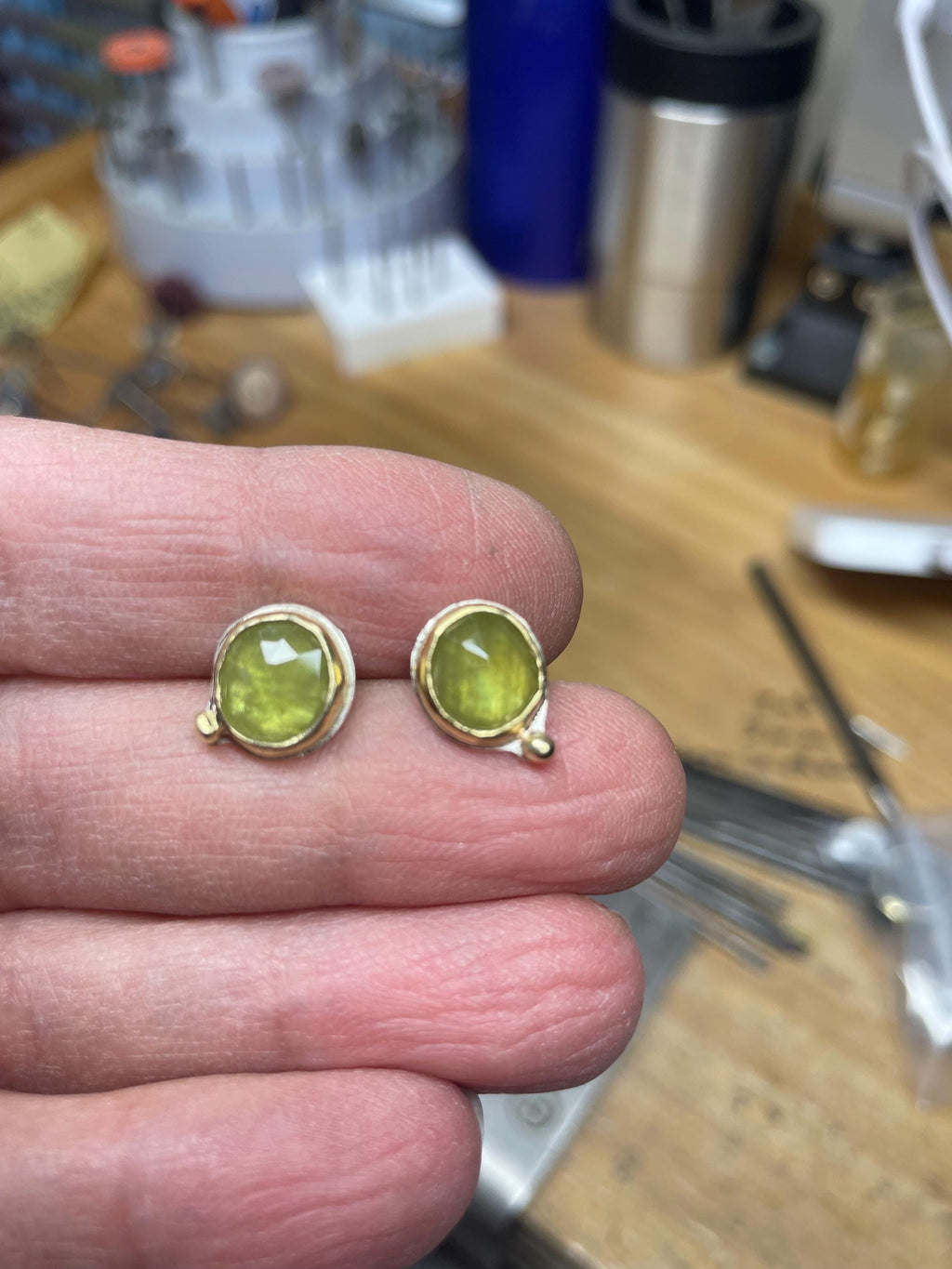 Green Sapphire Stud Earrings in Gold and Sterling, Rose Olive Green Gems, September Birthstone
