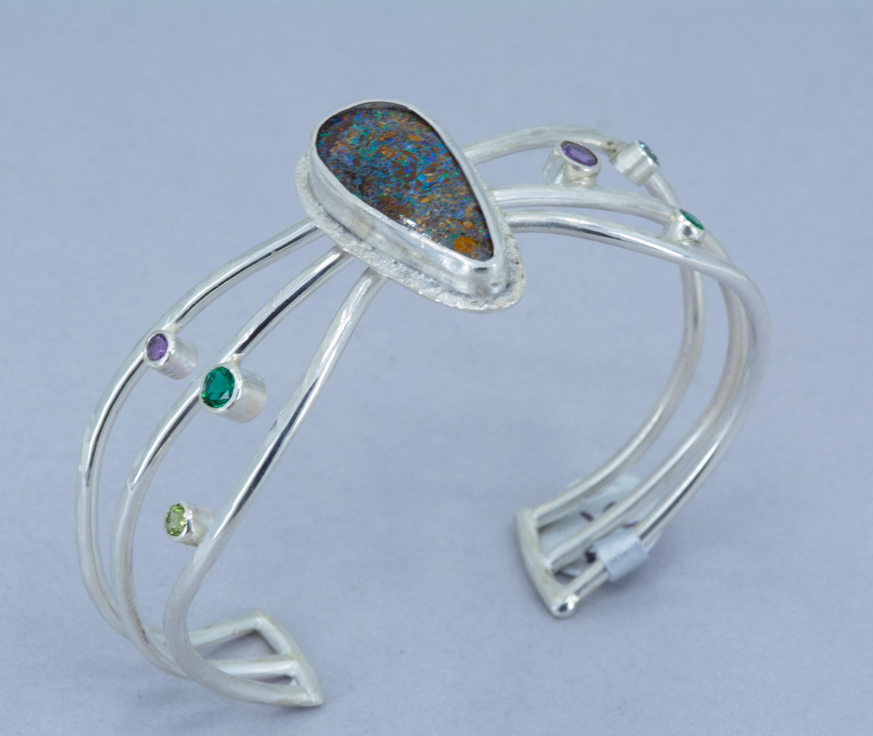 Boulder Opal Cuff Bracelet: Sterling Silver, Emerald, Amethyst