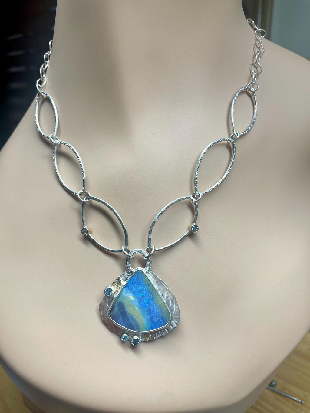 Boulder Opal Necklace: Sterling Silver, Gold, Topaz - OOAK Australian Opal