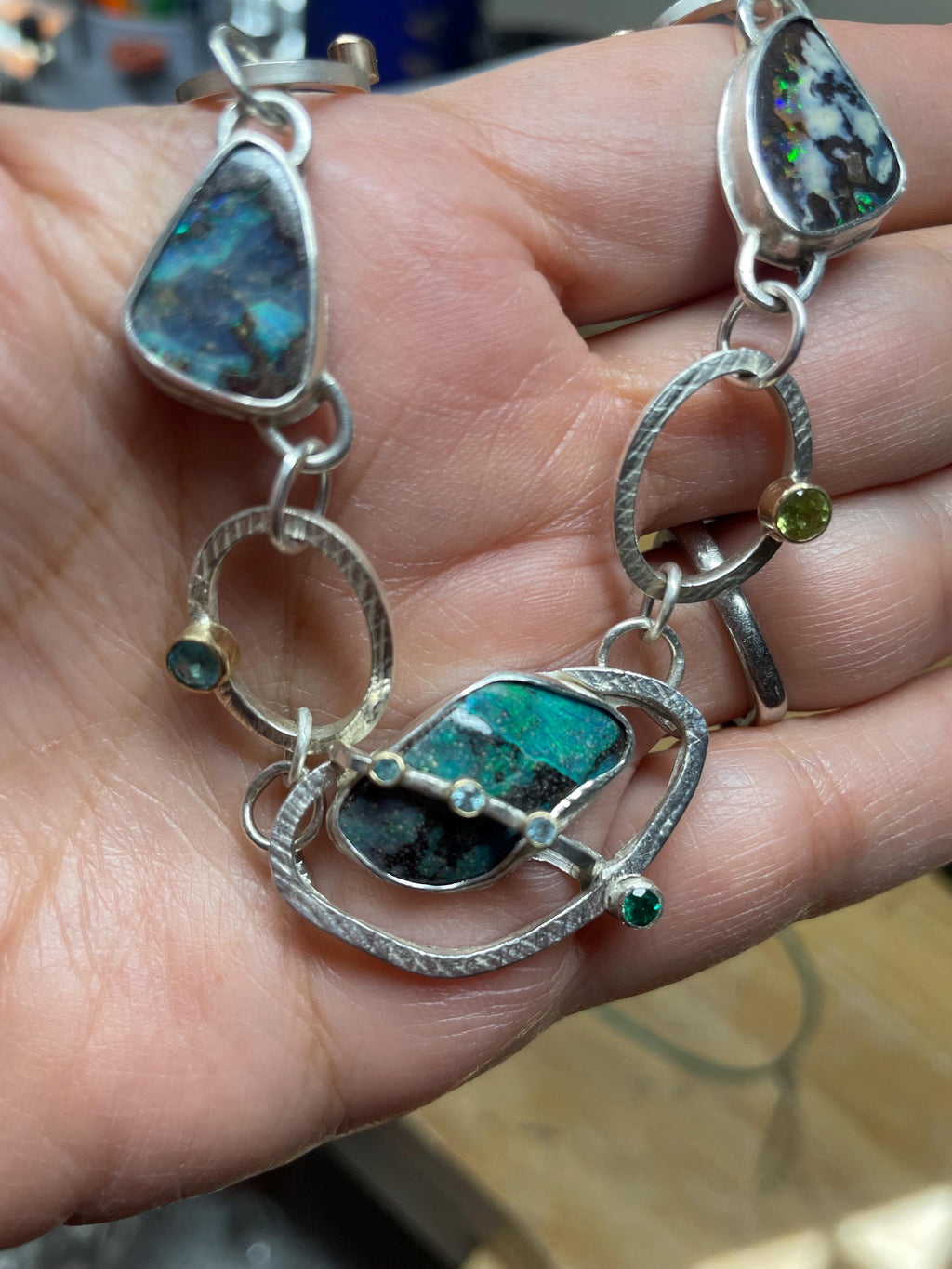 Boulder Opal Chain Link Necklace in Sterling Silver and Gold, OOAK