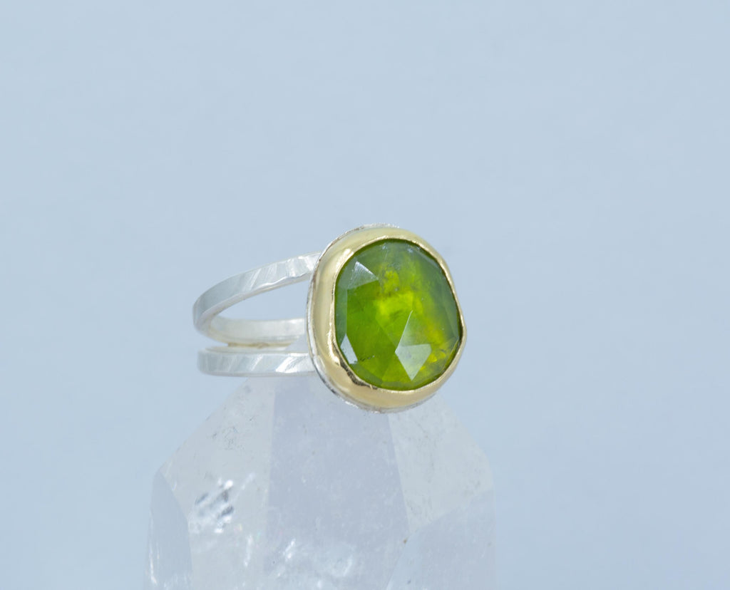 Rose Cut Vesuvianite Ring: Large Green Gemstone, Gold & Sterling Silver, US Size 9