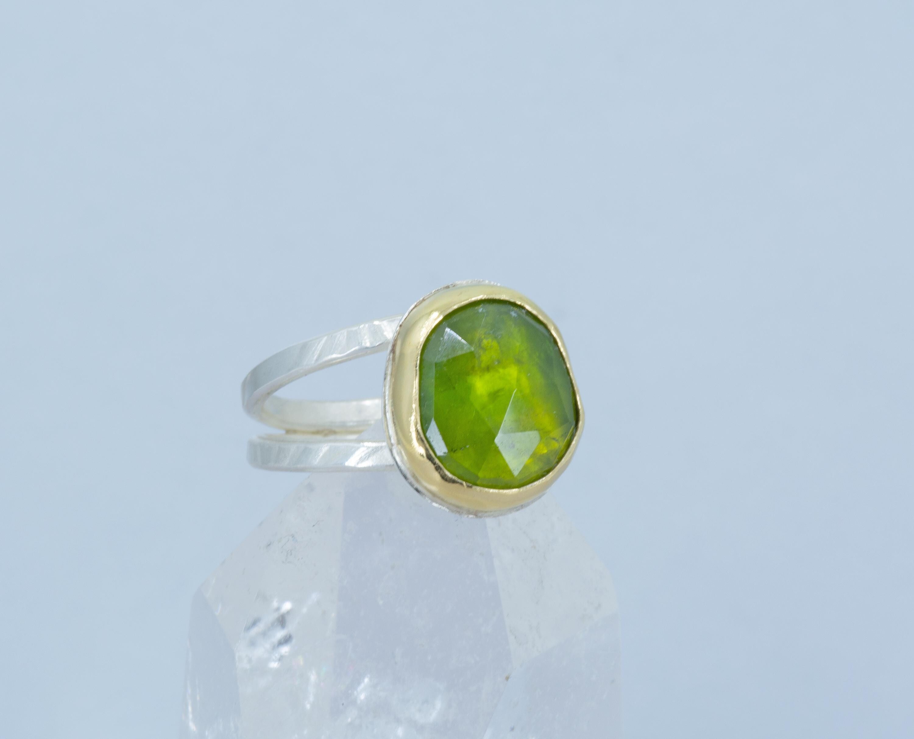 Rose Cut Vesuvianite Ring: Large Green Gemstone, Gold & Sterling Silver, US Size 9
